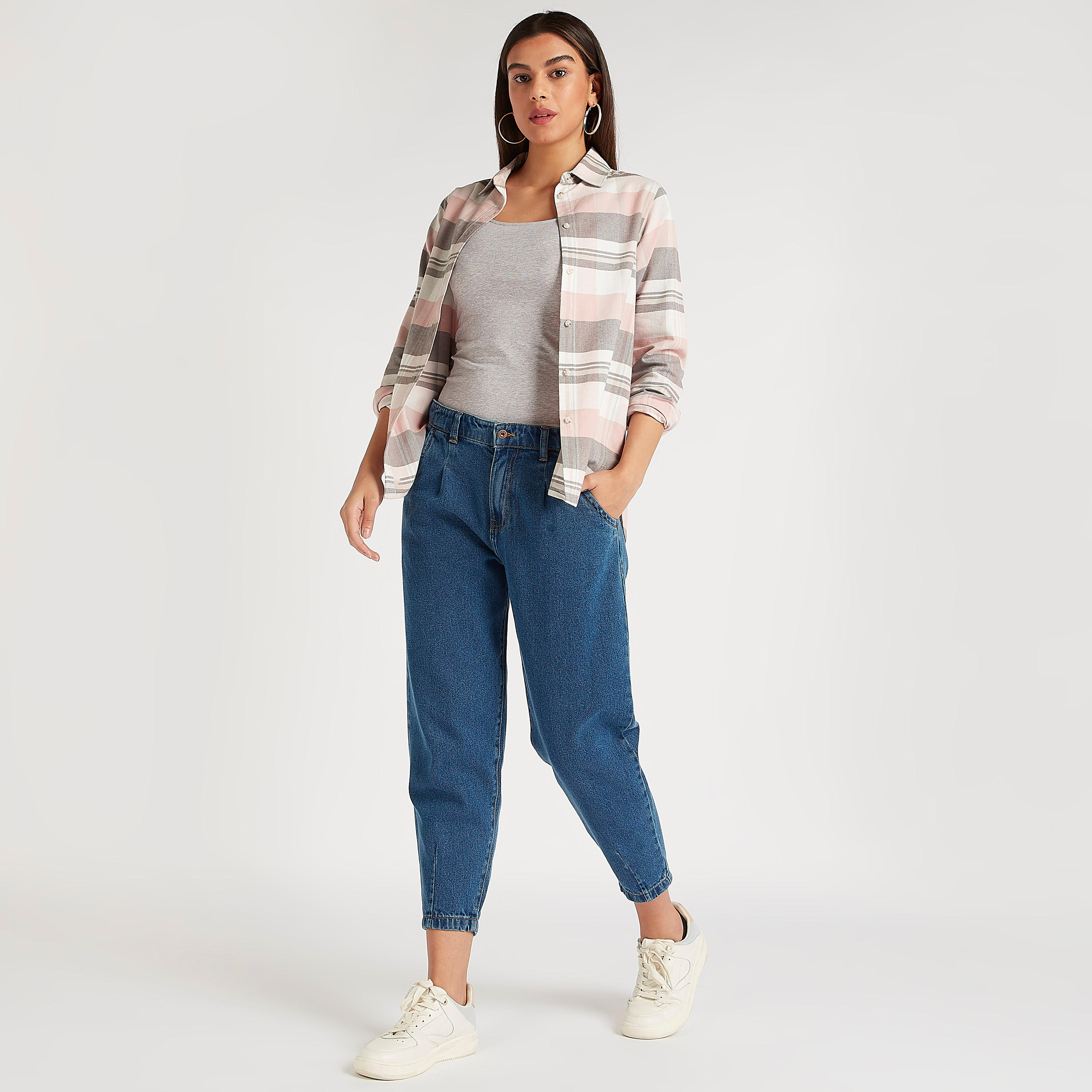 قميص كاروهات بياقة عادية وأكمام طويلة-women-clothing-shirtsandblouses-shirts-image-2