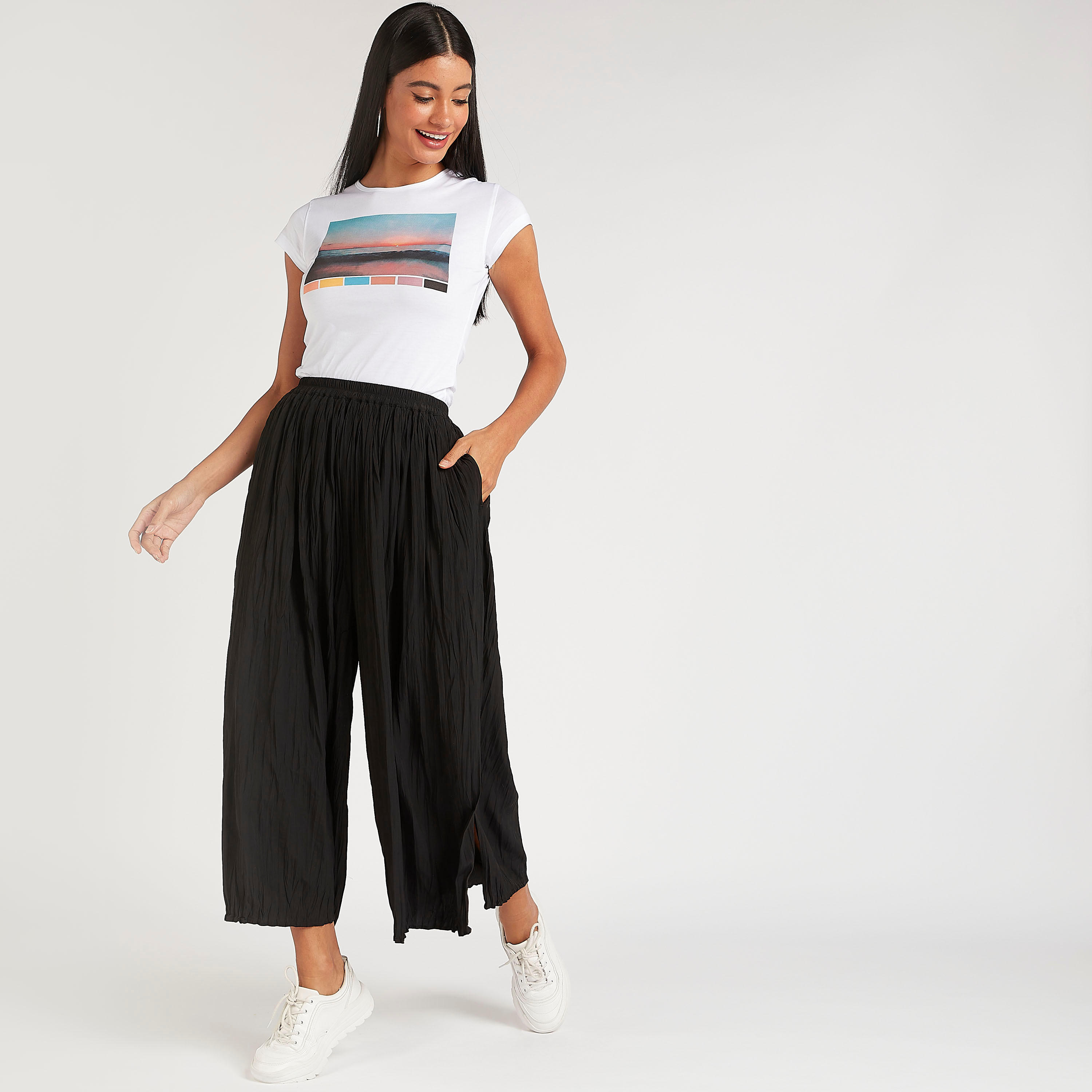 بنطلون بالازو بارز الملمس بخصر متوسّط الارتفاع وجيوب-women-clothing-bottoms-trousers-image-2