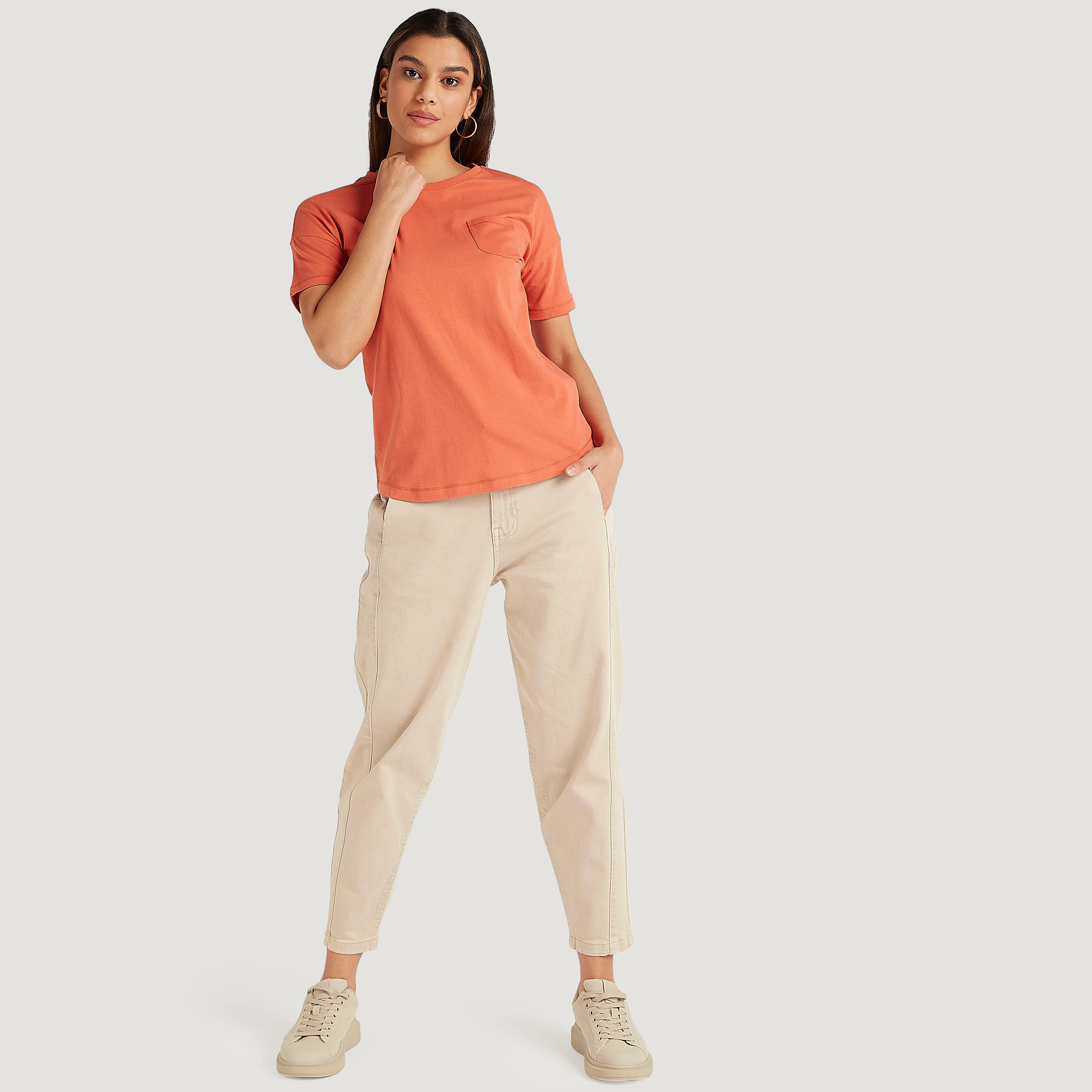 Solid Regular Fit Crew Neck T-shirt with Short Sleeves-women-clothing-tshirts-image-2