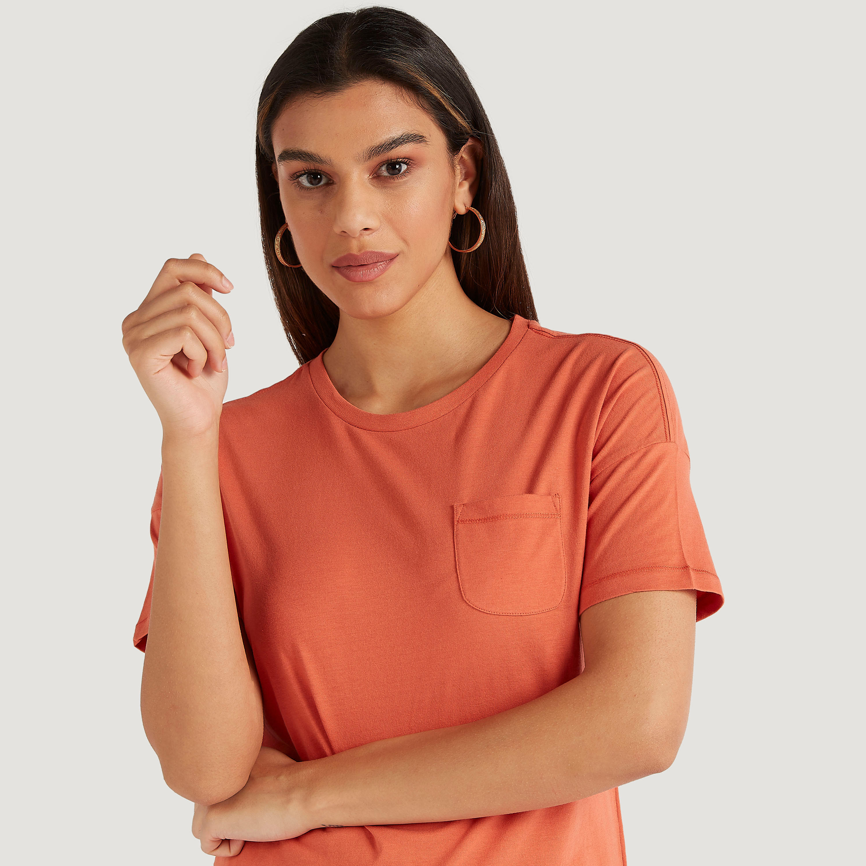 Solid Regular Fit Crew Neck T-shirt with Short Sleeves-women-clothing-tshirts-image-3