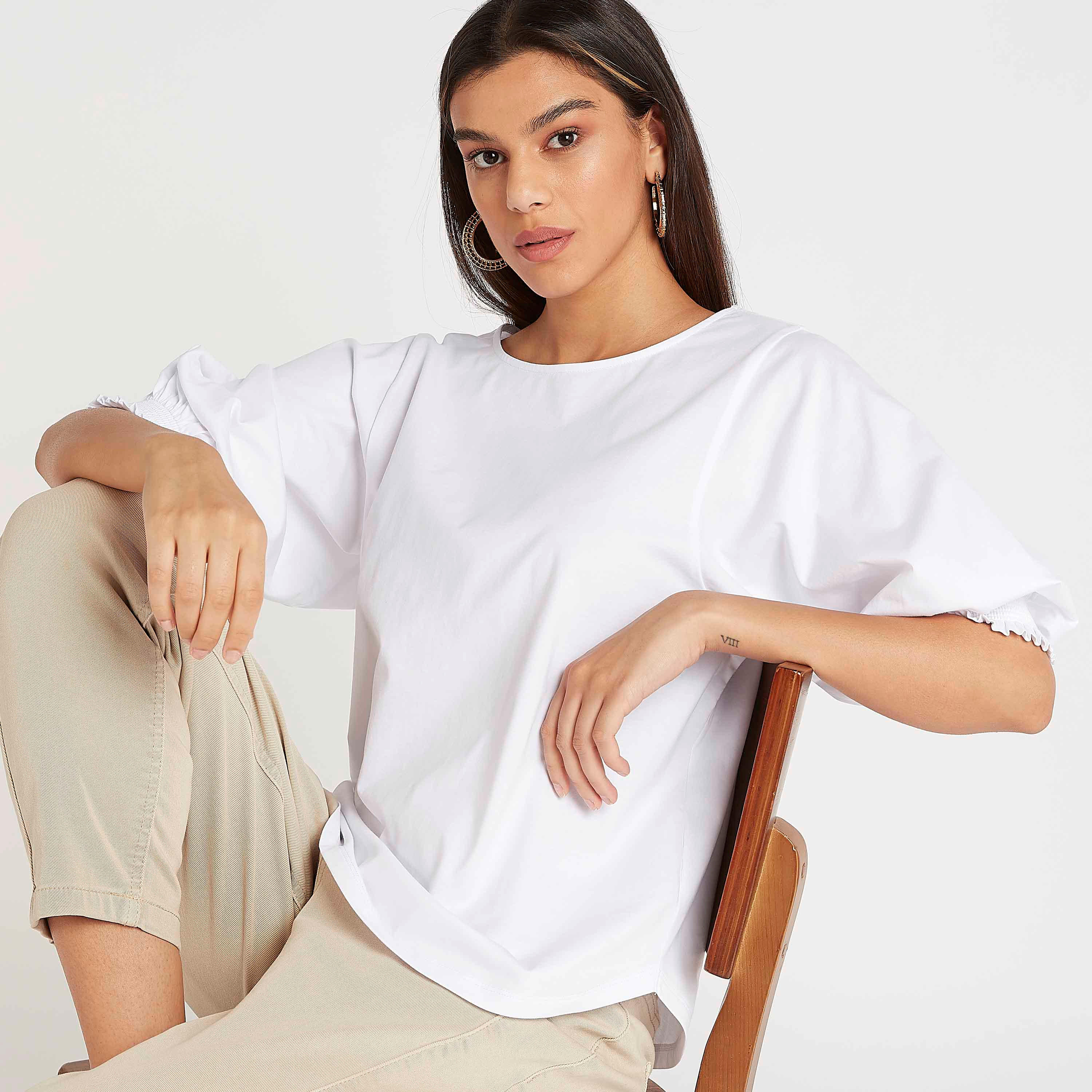 بلوزة سادة بياقة مستديرة وأكمام 3/4-women-clothing-shirtsandblouses-blouses-image-5