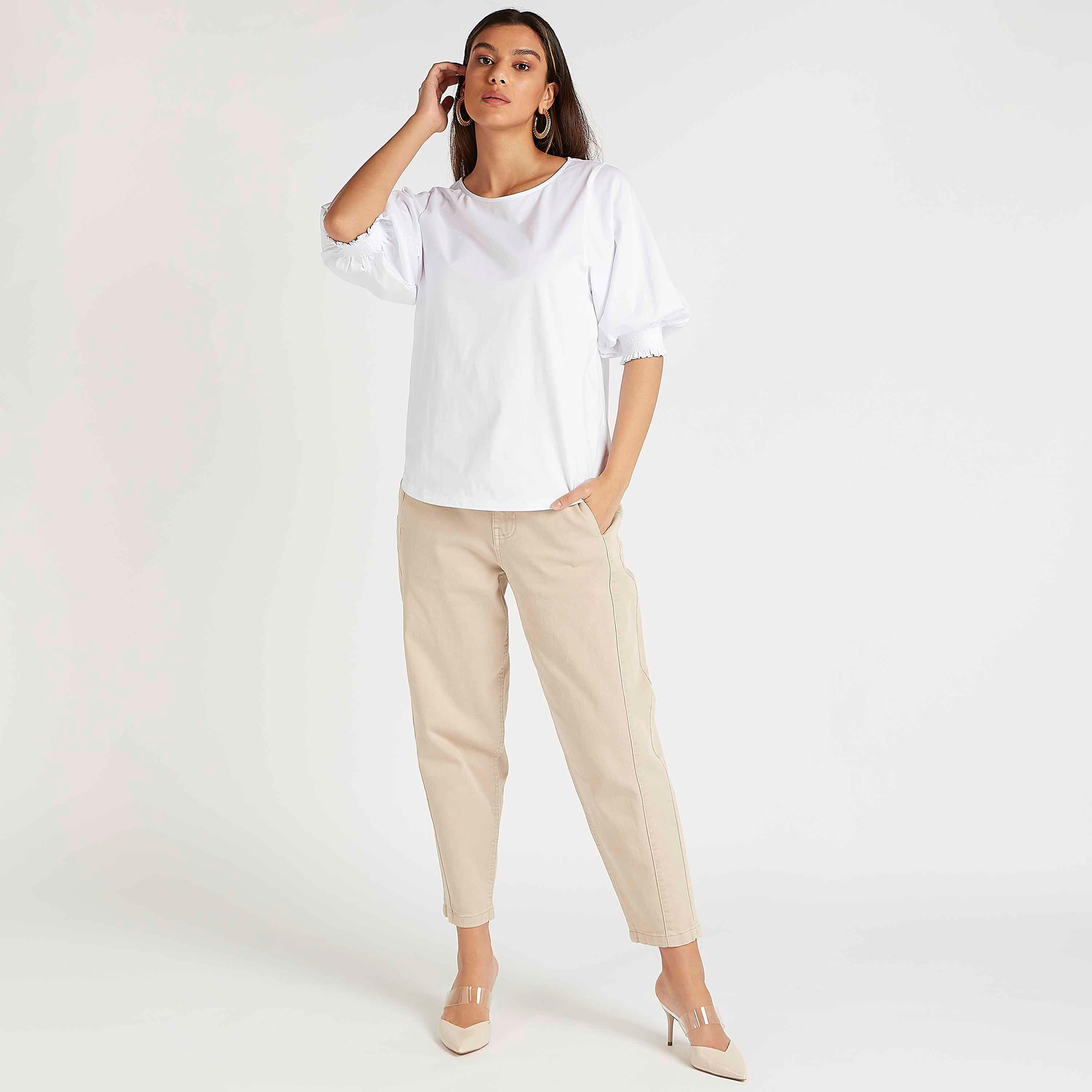 بلوزة سادة بياقة مستديرة وأكمام 3/4-women-clothing-shirtsandblouses-blouses-image-4