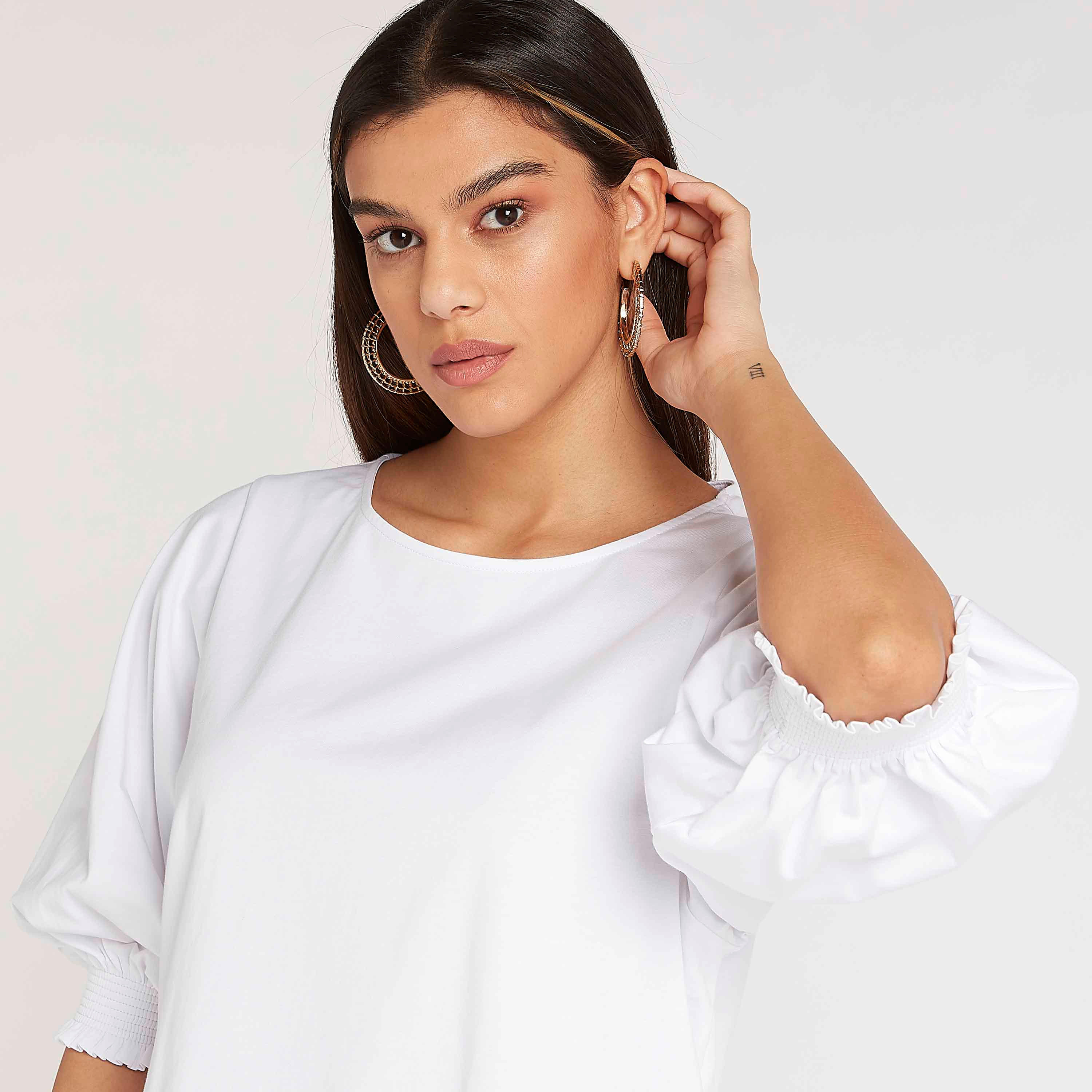 بلوزة سادة بياقة مستديرة وأكمام 3/4-women-clothing-shirtsandblouses-blouses-image-3