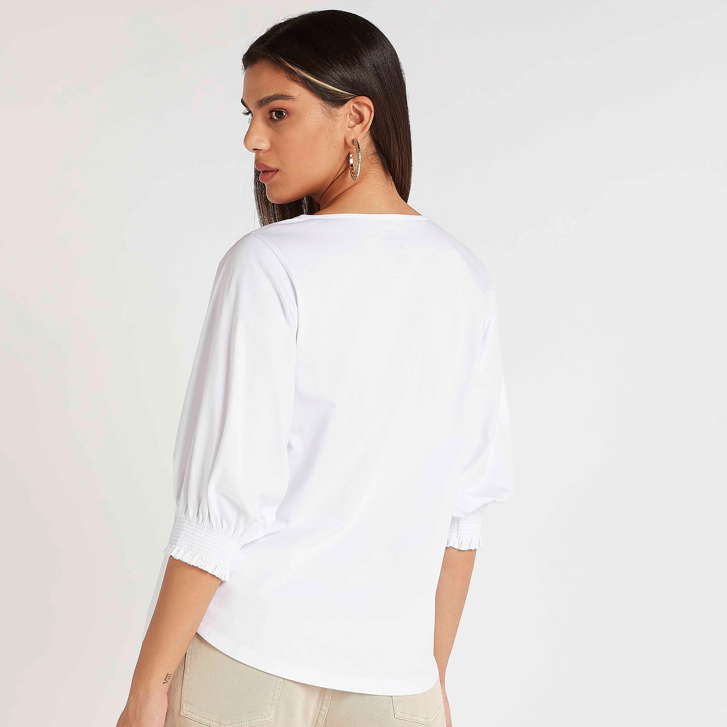 بلوزة سادة بياقة مستديرة وأكمام 3/4-women-clothing-shirtsandblouses-blouses-image-2