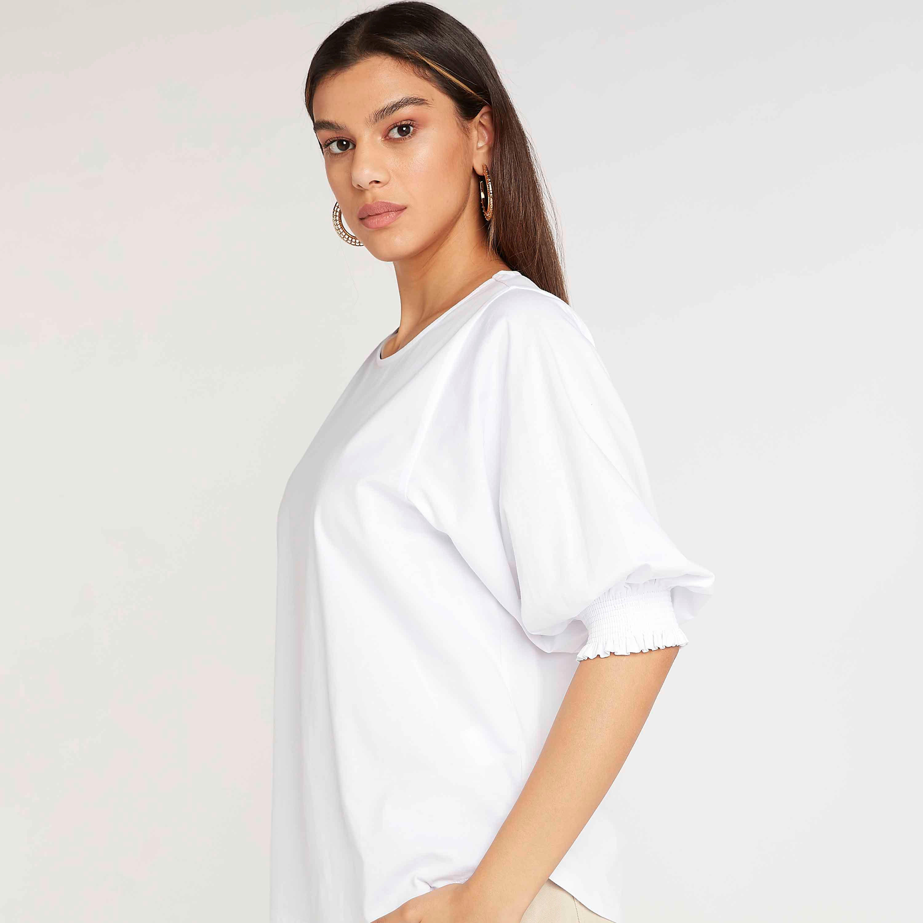 بلوزة سادة بياقة مستديرة وأكمام 3/4-women-clothing-shirtsandblouses-blouses-image-1