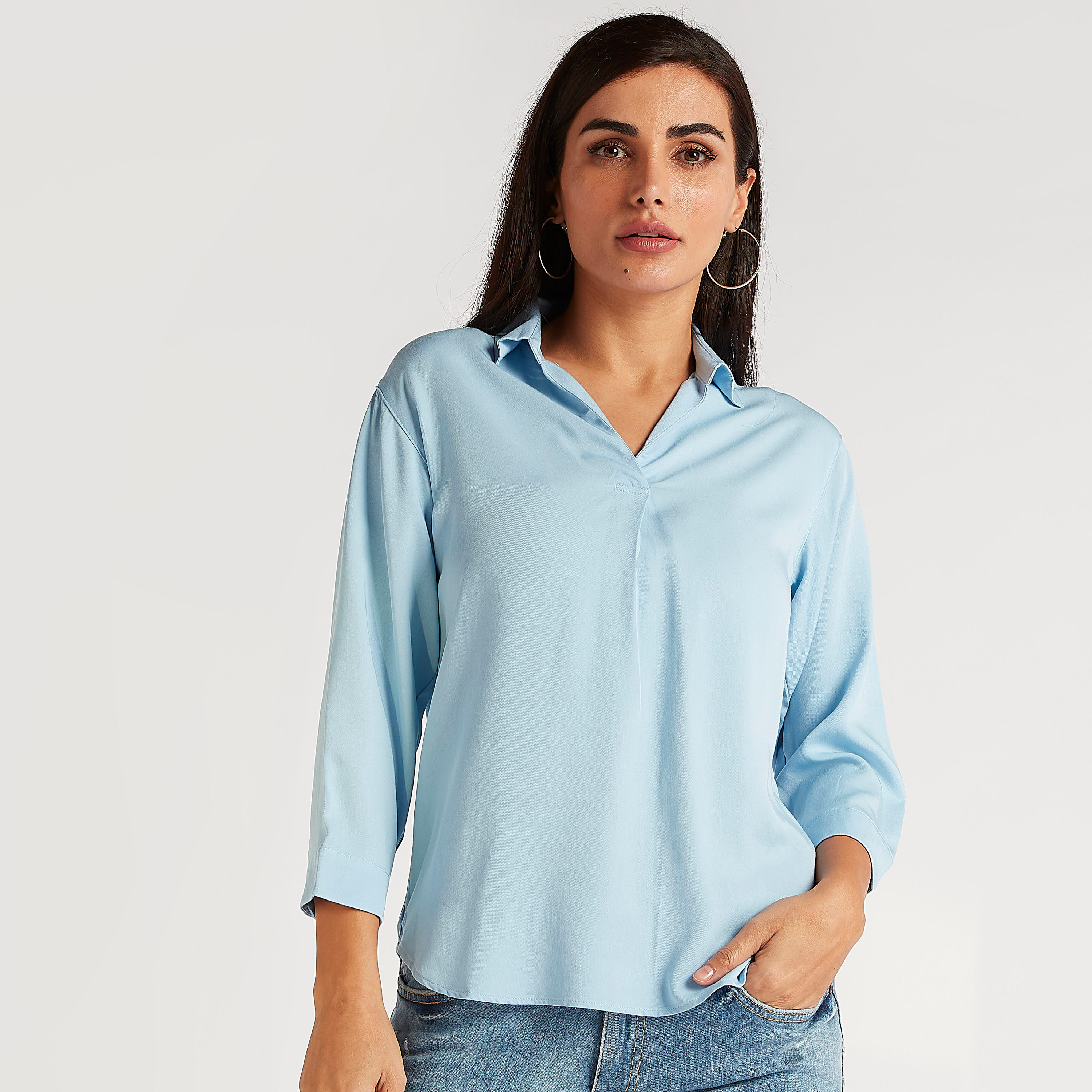 Solid Top with Collar and Long Sleeves-women-clothing-shirtsandblouses-blouses-image-1