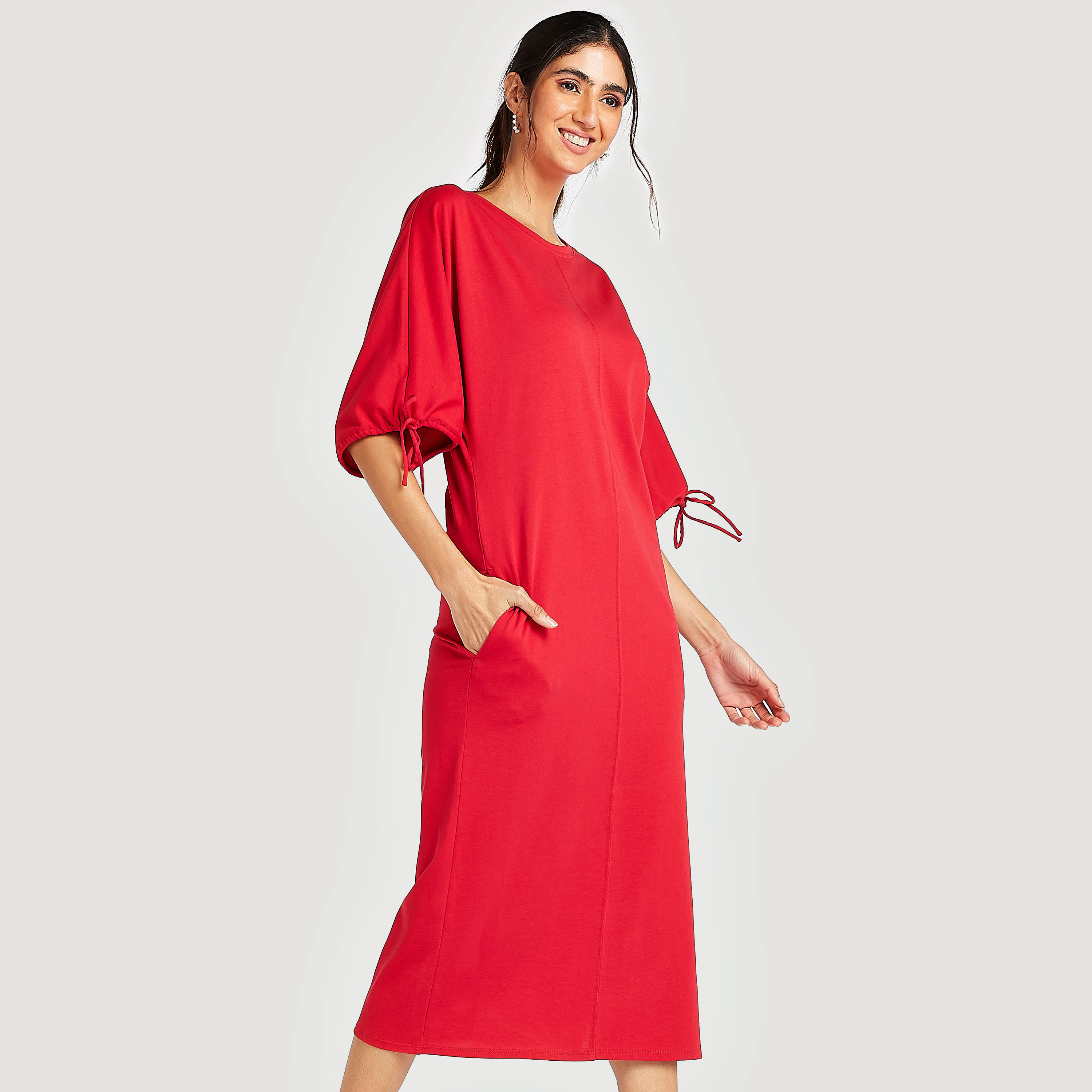 Solid Midi Dress with Sleeve Tie-Ups and Pockets-women-clothing-dresses-image-1