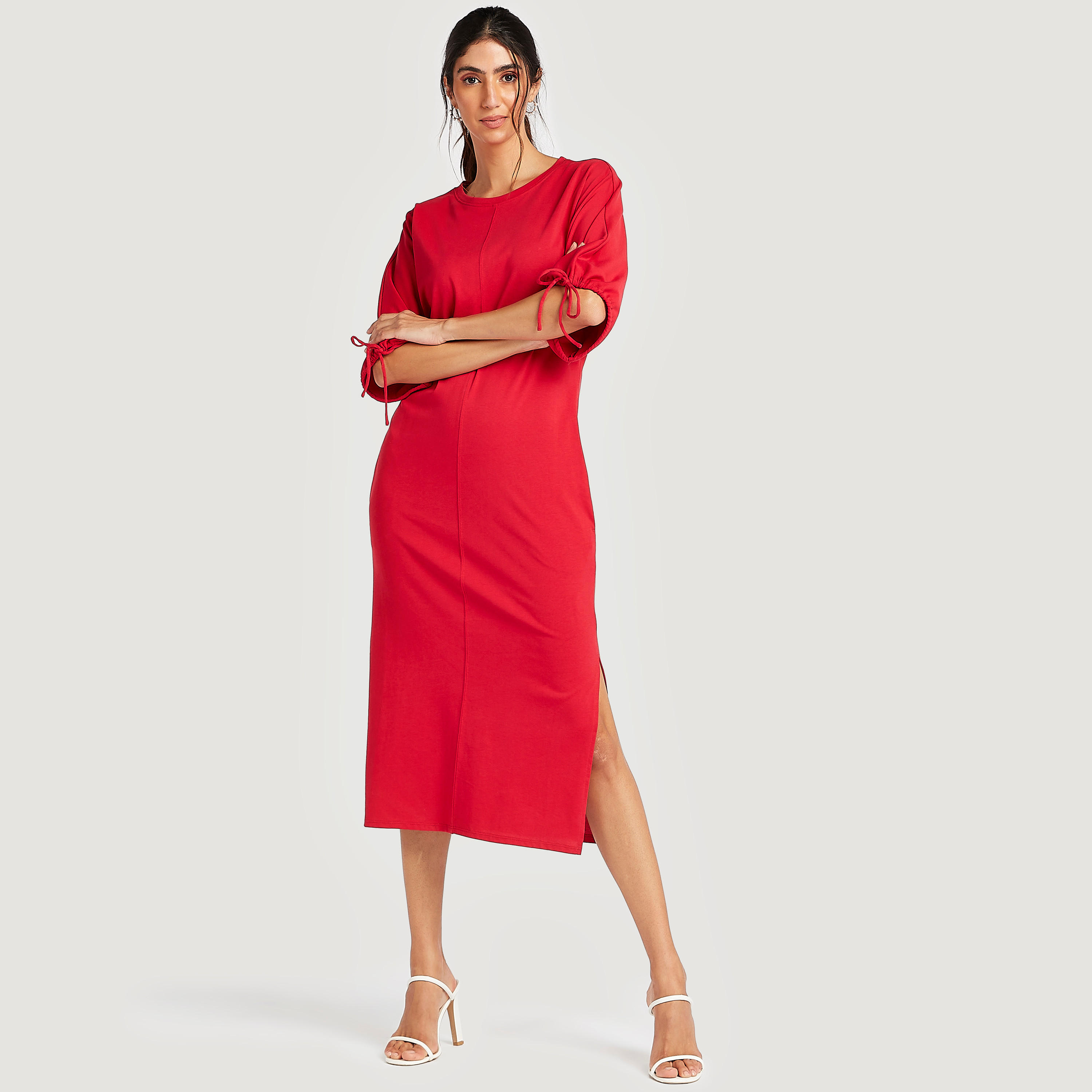 Solid Midi Dress with Sleeve Tie-Ups and Pockets-women-clothing-dresses-image-2