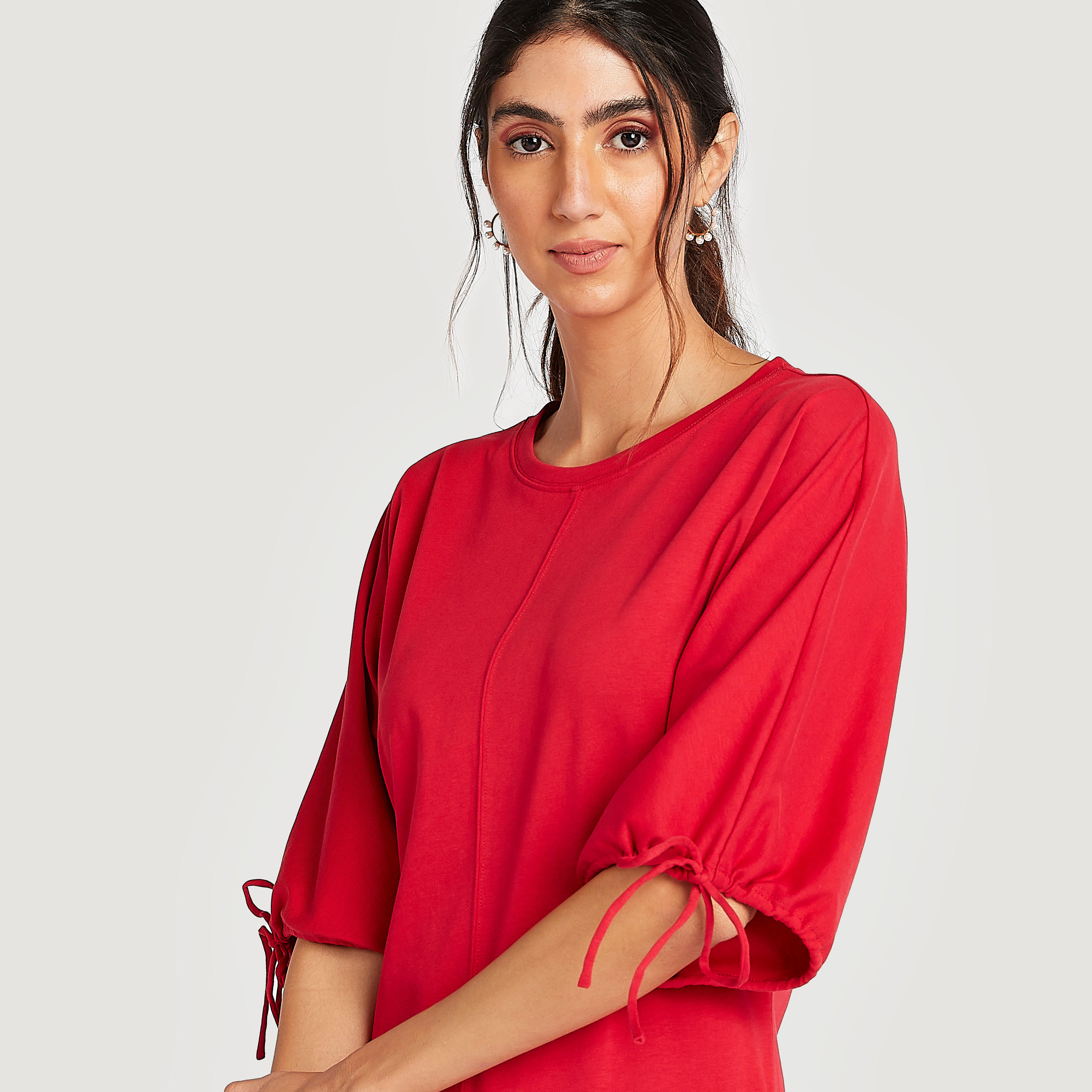 Solid Midi Dress with Sleeve Tie-Ups and Pockets-women-clothing-dresses-image-3