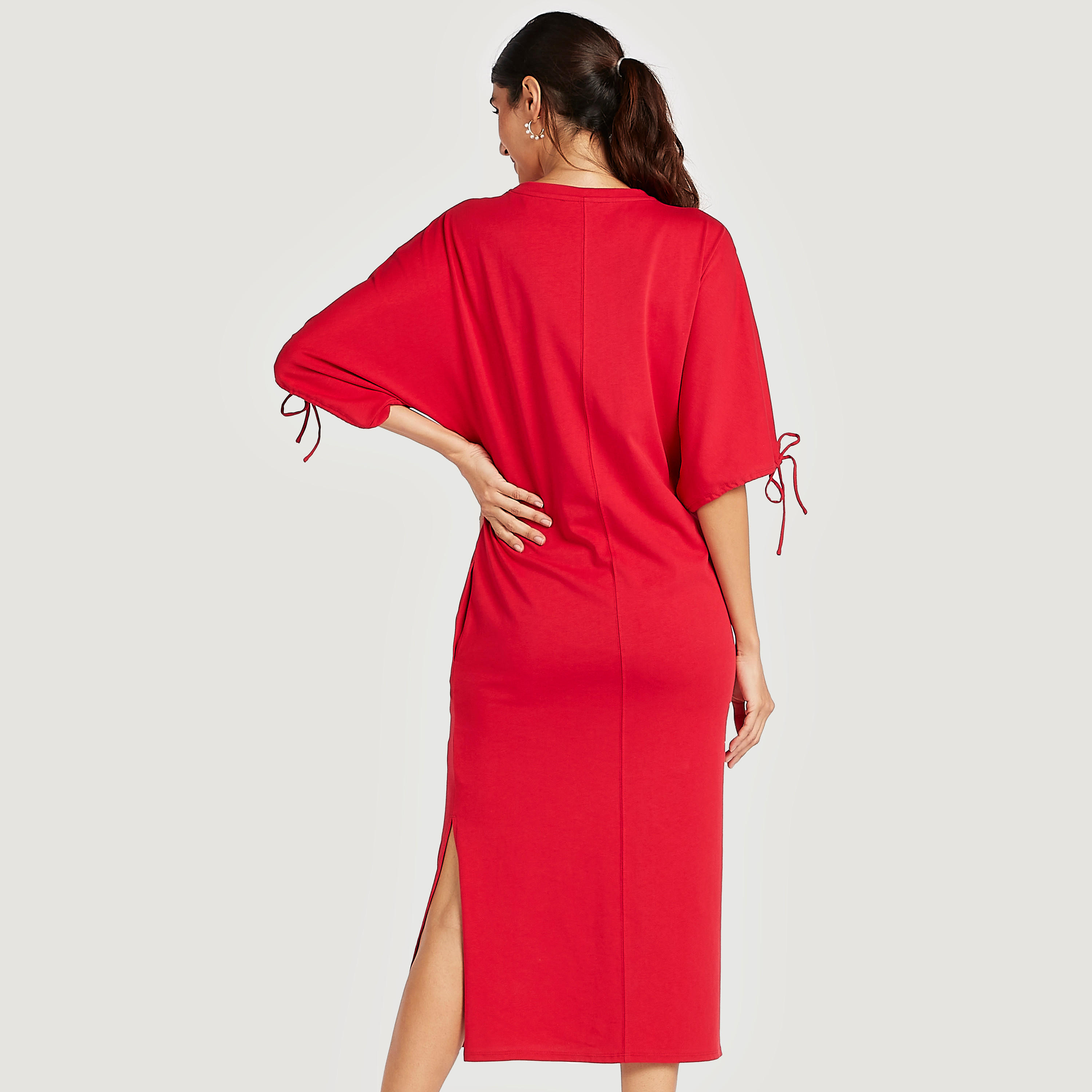 Solid Midi Dress with Sleeve Tie-Ups and Pockets-women-clothing-dresses-image-4