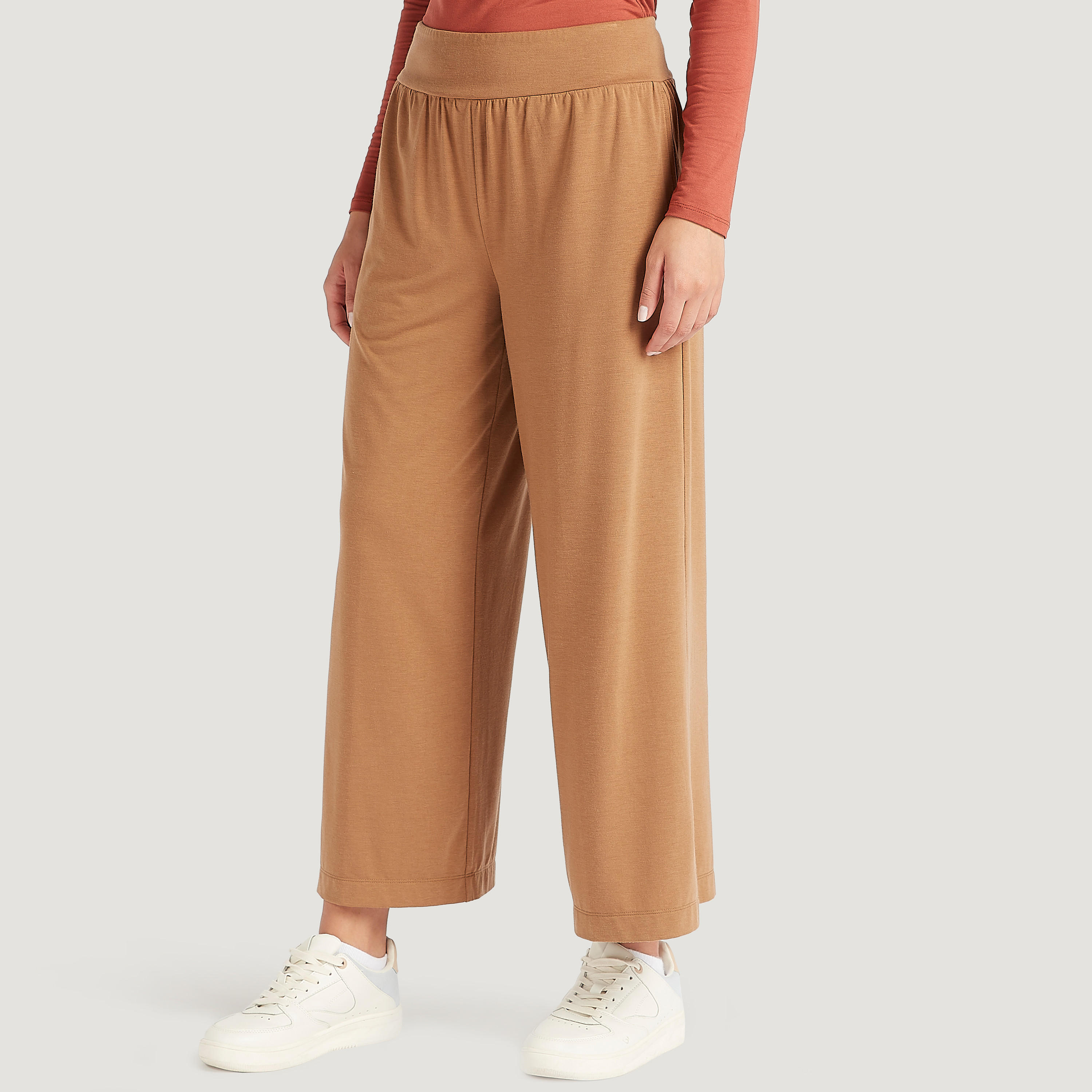 بنطلون واسع سادة بخصر مطاطي مرن-women-clothing-bottoms-trousers-image-1