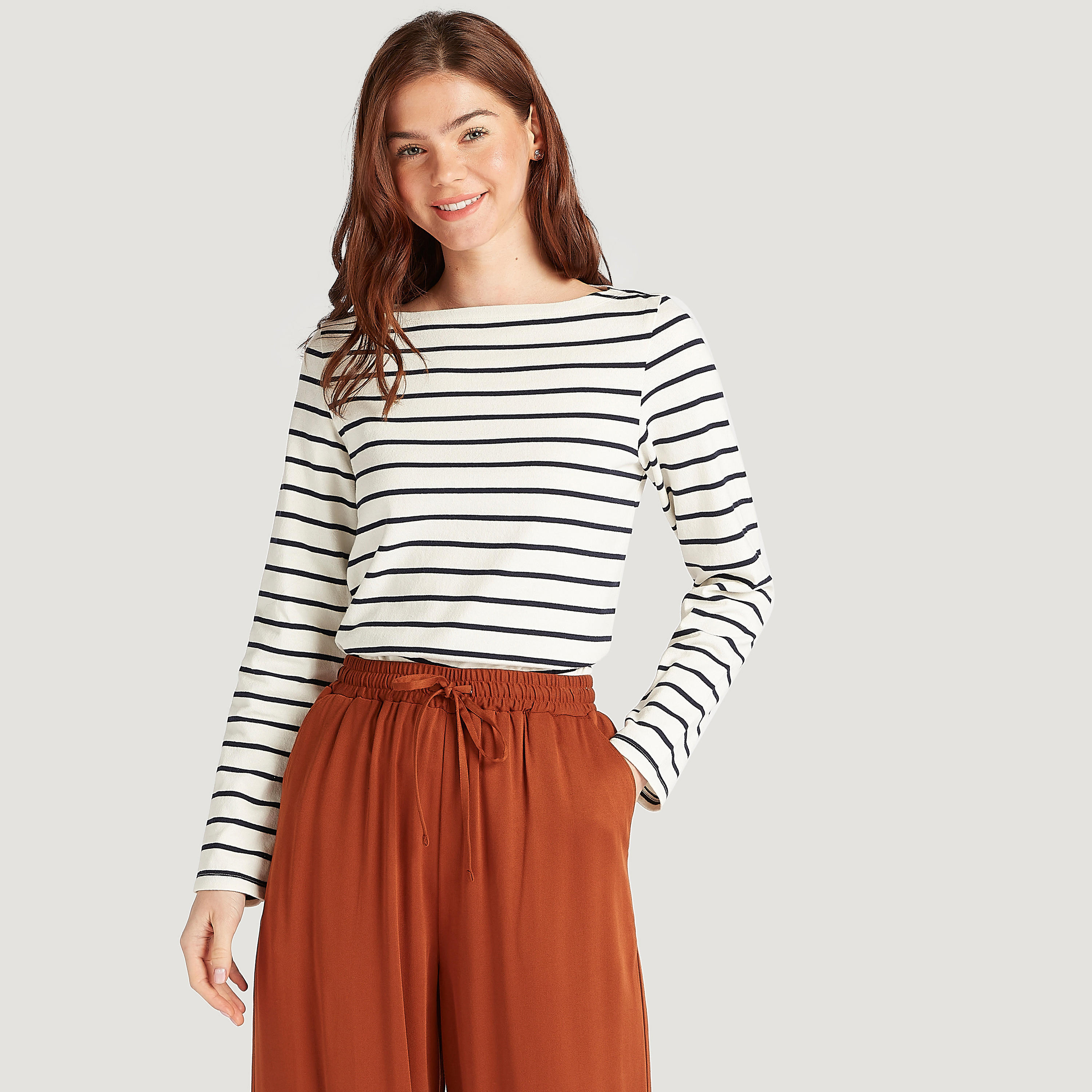 Striped T-shirt with Long Sleeves and Boat Neck-women-clothing-tshirts-image-1