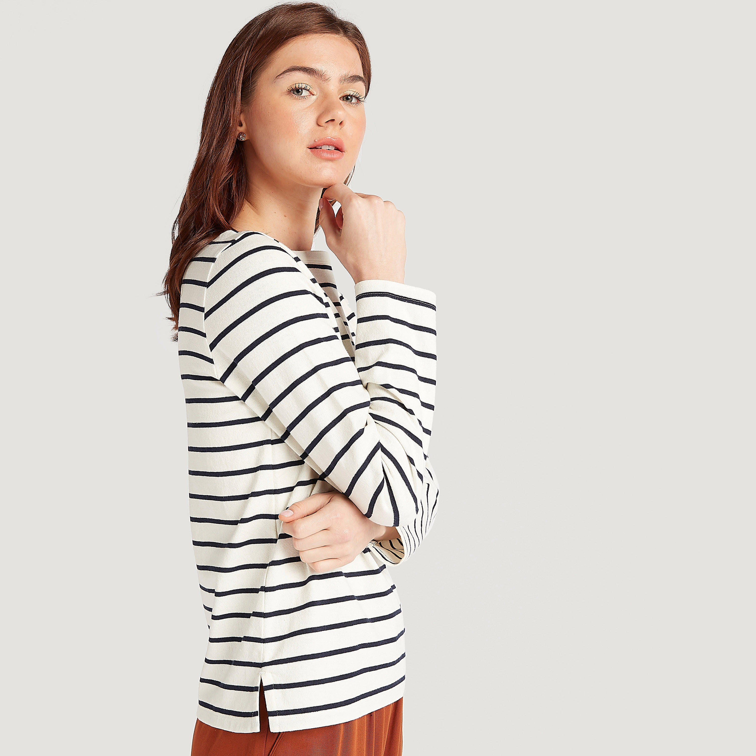 Striped T-shirt with Long Sleeves and Boat Neck-women-clothing-tshirts-image-5