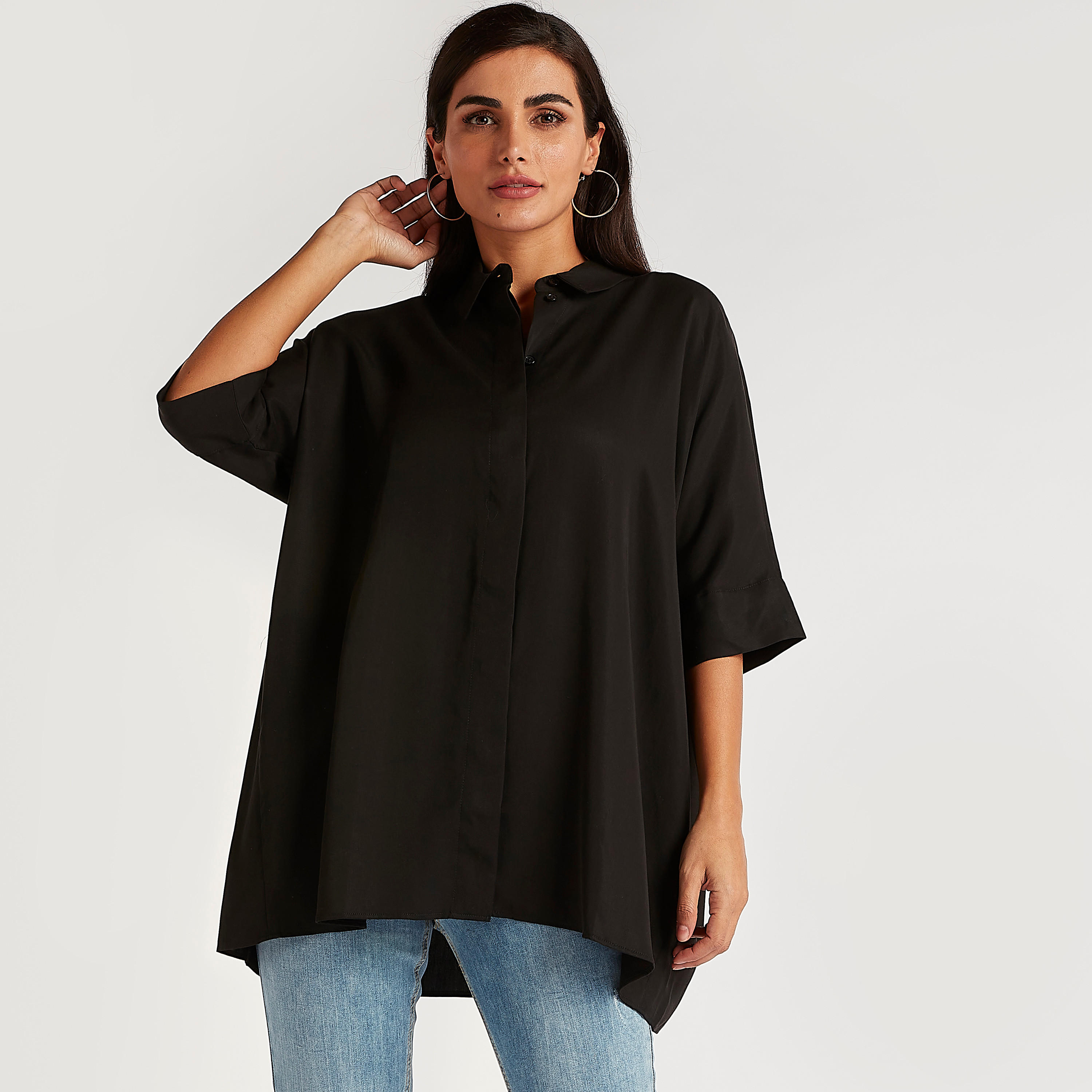 قميص واسع سادة بأكمام 3/4 وياقة عادية-women-clothing-shirtsandblouses-shirts-image-5