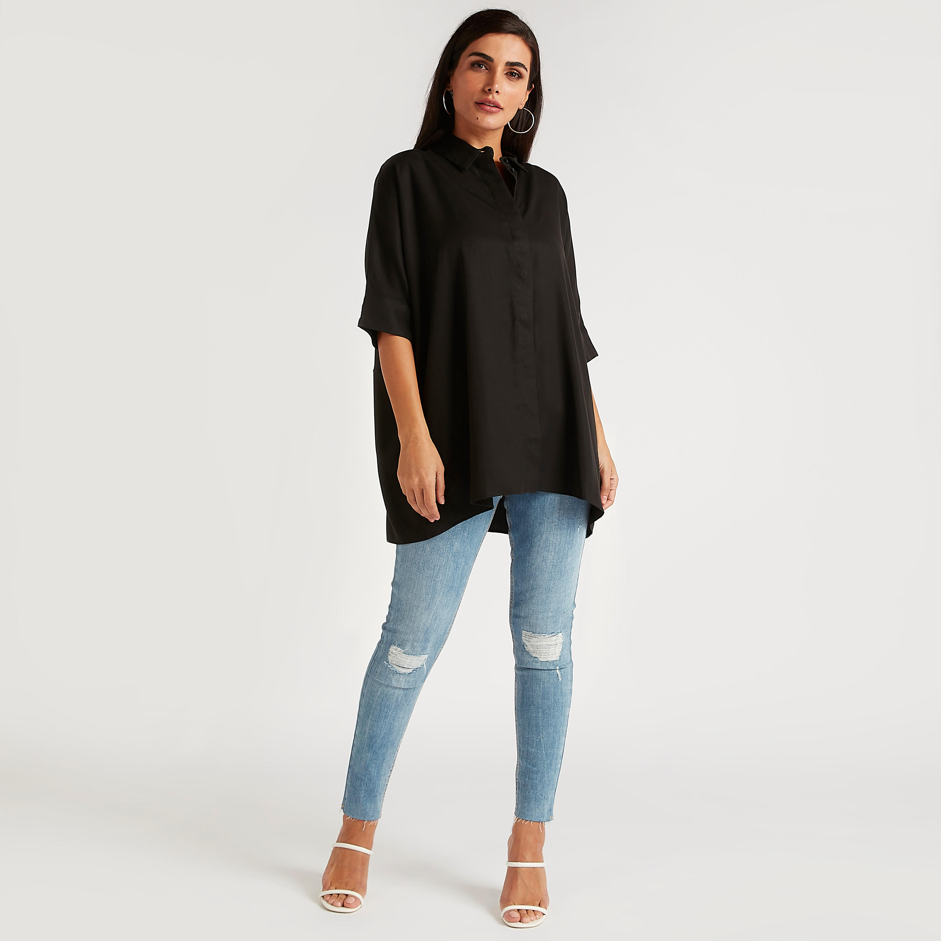 قميص واسع سادة بأكمام 3/4 وياقة عادية-women-clothing-shirtsandblouses-shirts-image-4