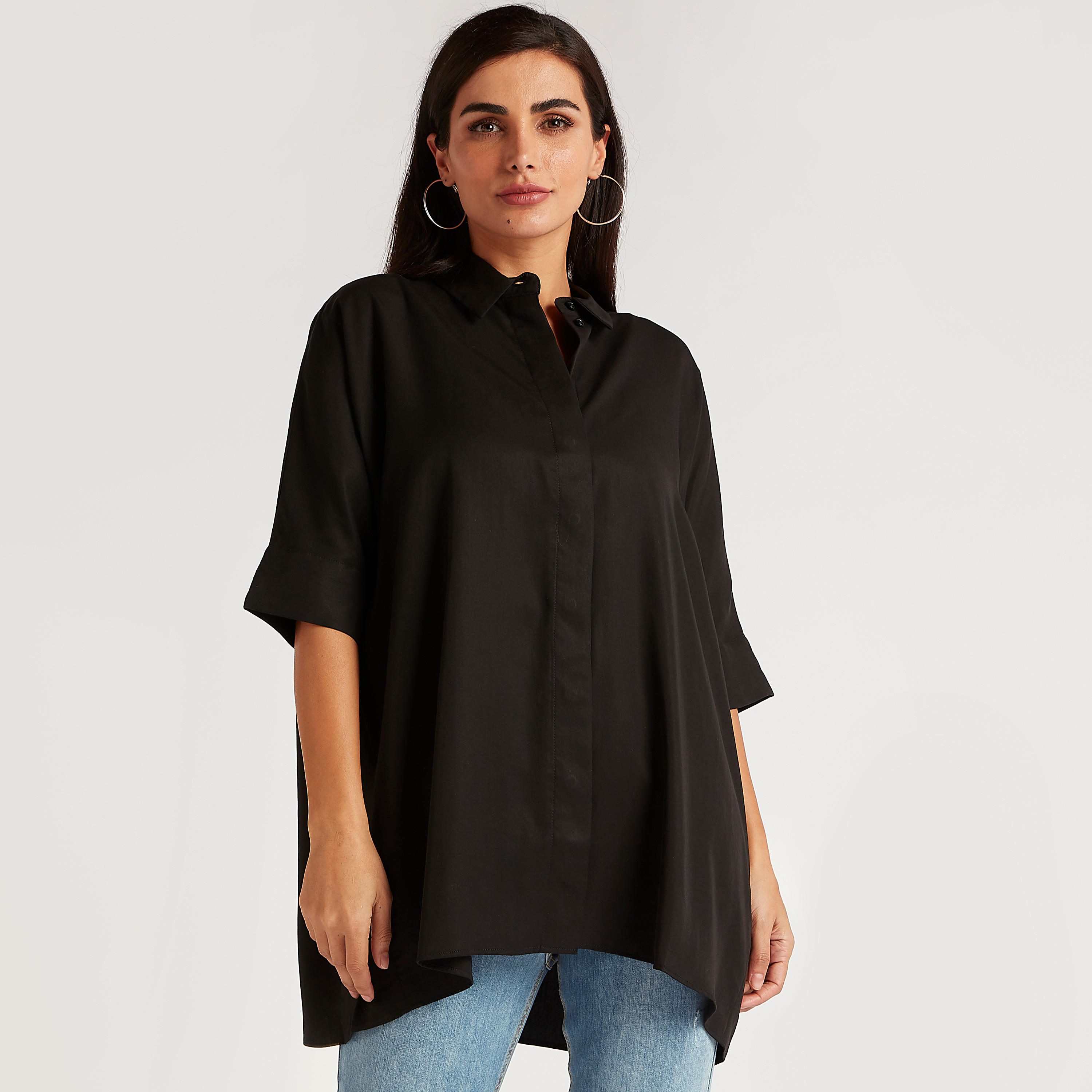 قميص واسع سادة بأكمام 3/4 وياقة عادية-women-clothing-shirtsandblouses-shirts-image-1