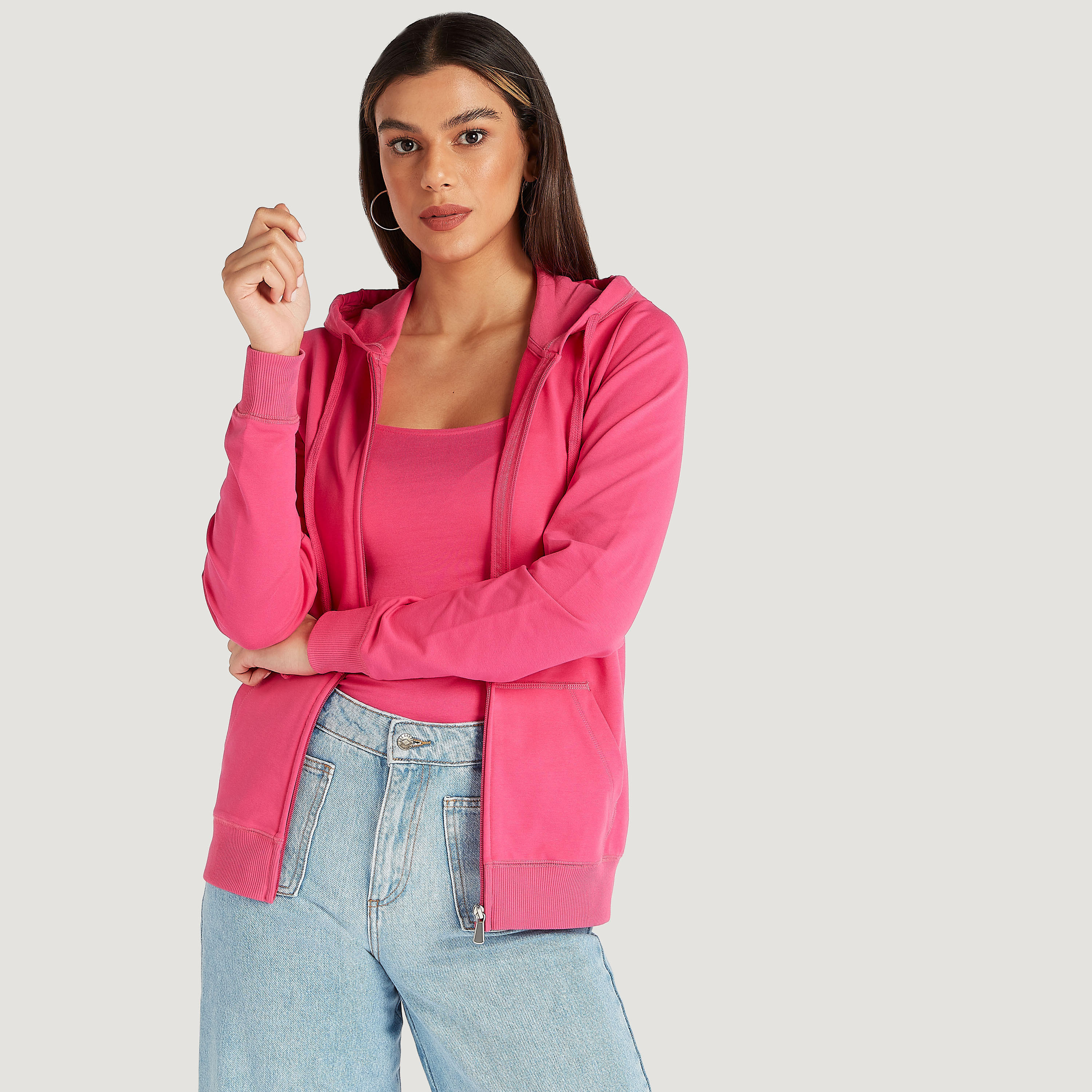 هودي سادة بسحّاب وأكمام طويلة وجيوب-women-winterwear-hoodiesandsweatshirts-sweatshirts-image-5