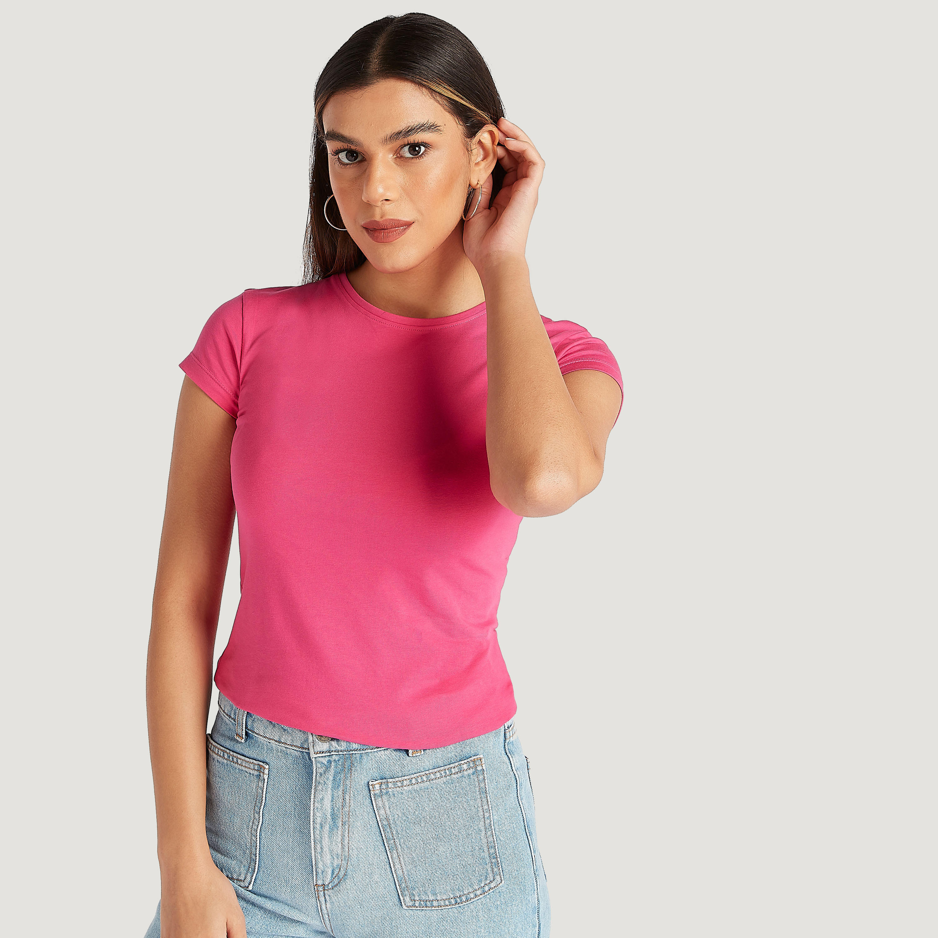Solid Crew Neck T-shirt with Cap Sleeves-women-clothing-tshirts-image-1