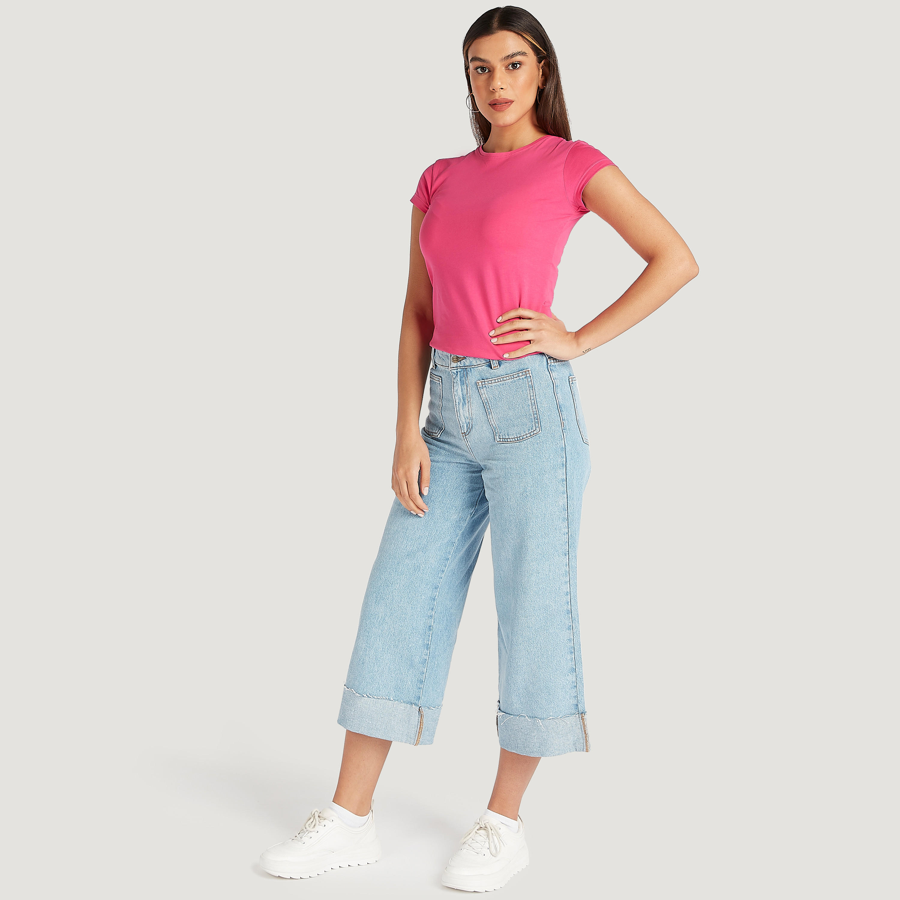 Solid Crew Neck T-shirt with Cap Sleeves-women-clothing-tshirts-image-2