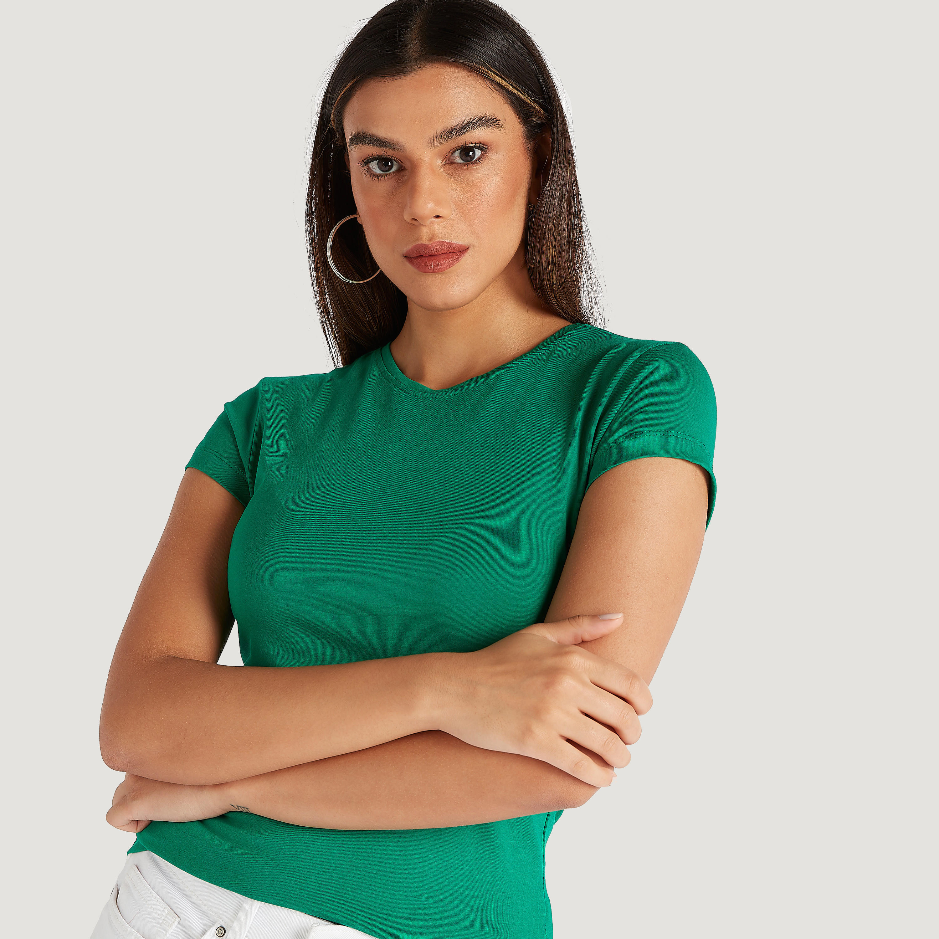 Solid Crew Neck T-shirt with Cap Sleeves-women-clothing-tshirts-image-5