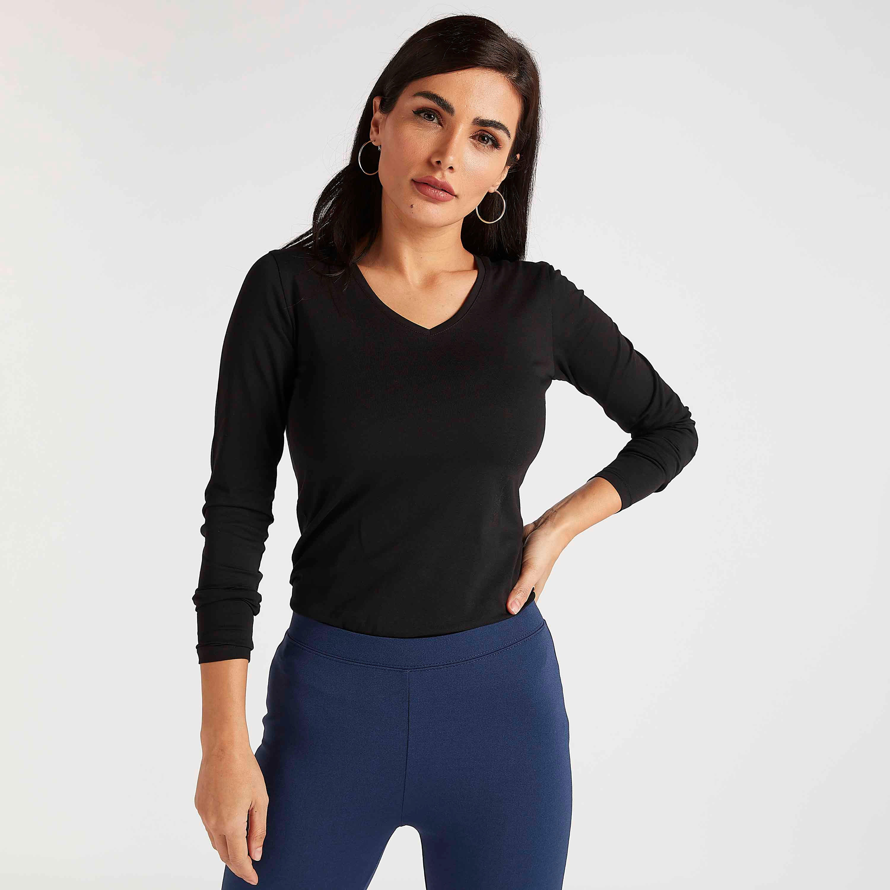 Solid V-neck T-shirt with Long Sleeves-women-clothing-tshirts-image-1