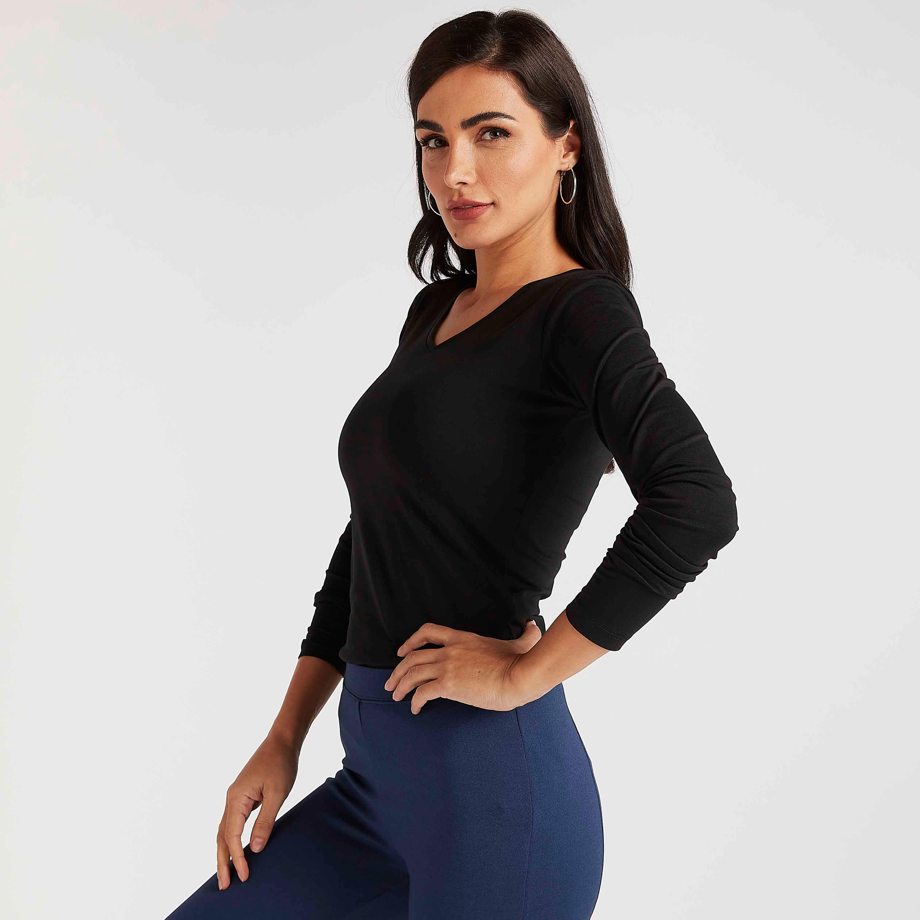 Solid V-neck T-shirt with Long Sleeves-women-clothing-tshirts-image-5