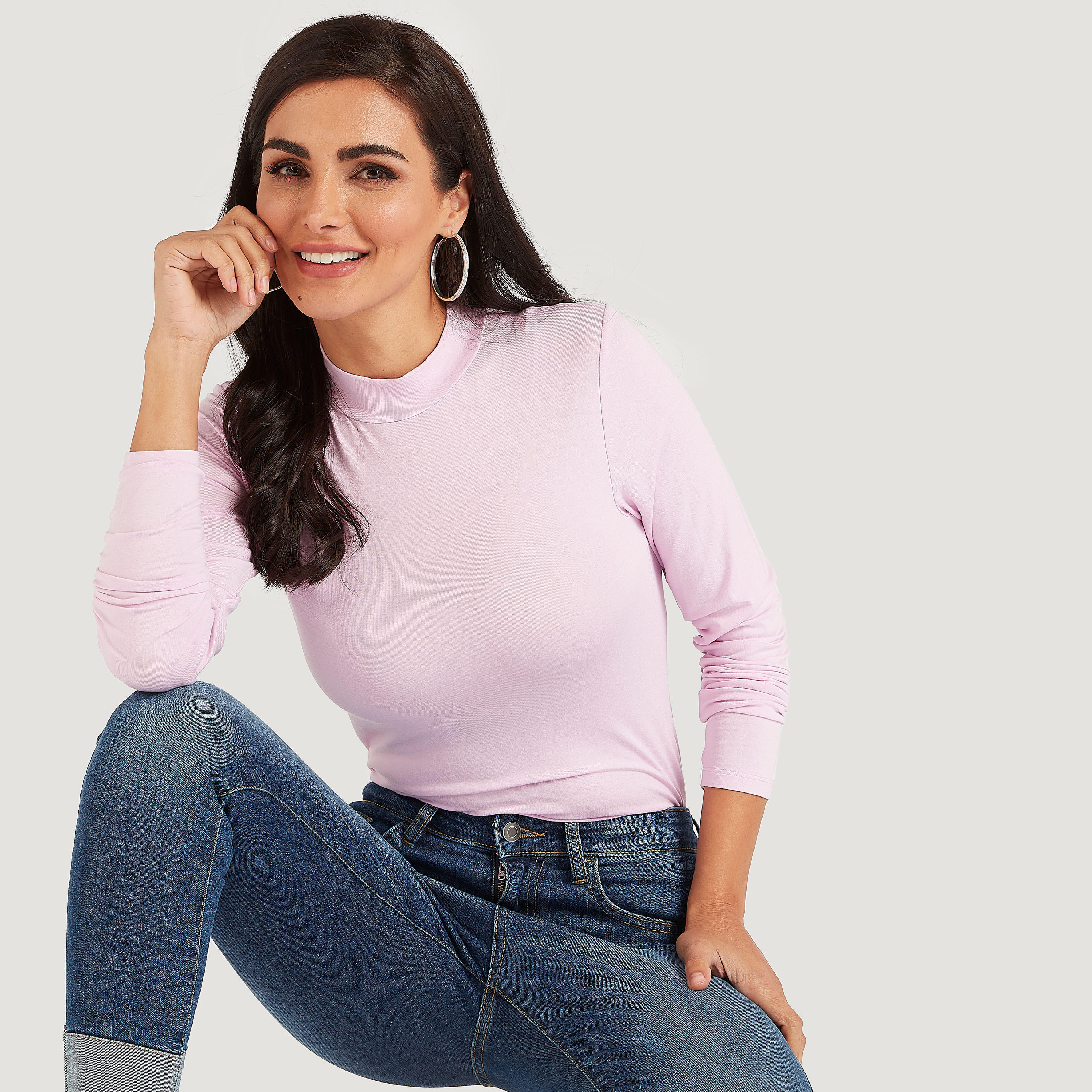 Solid T-shirt with Mock Neck and Long Sleeves-women-clothing-tshirts-image-1