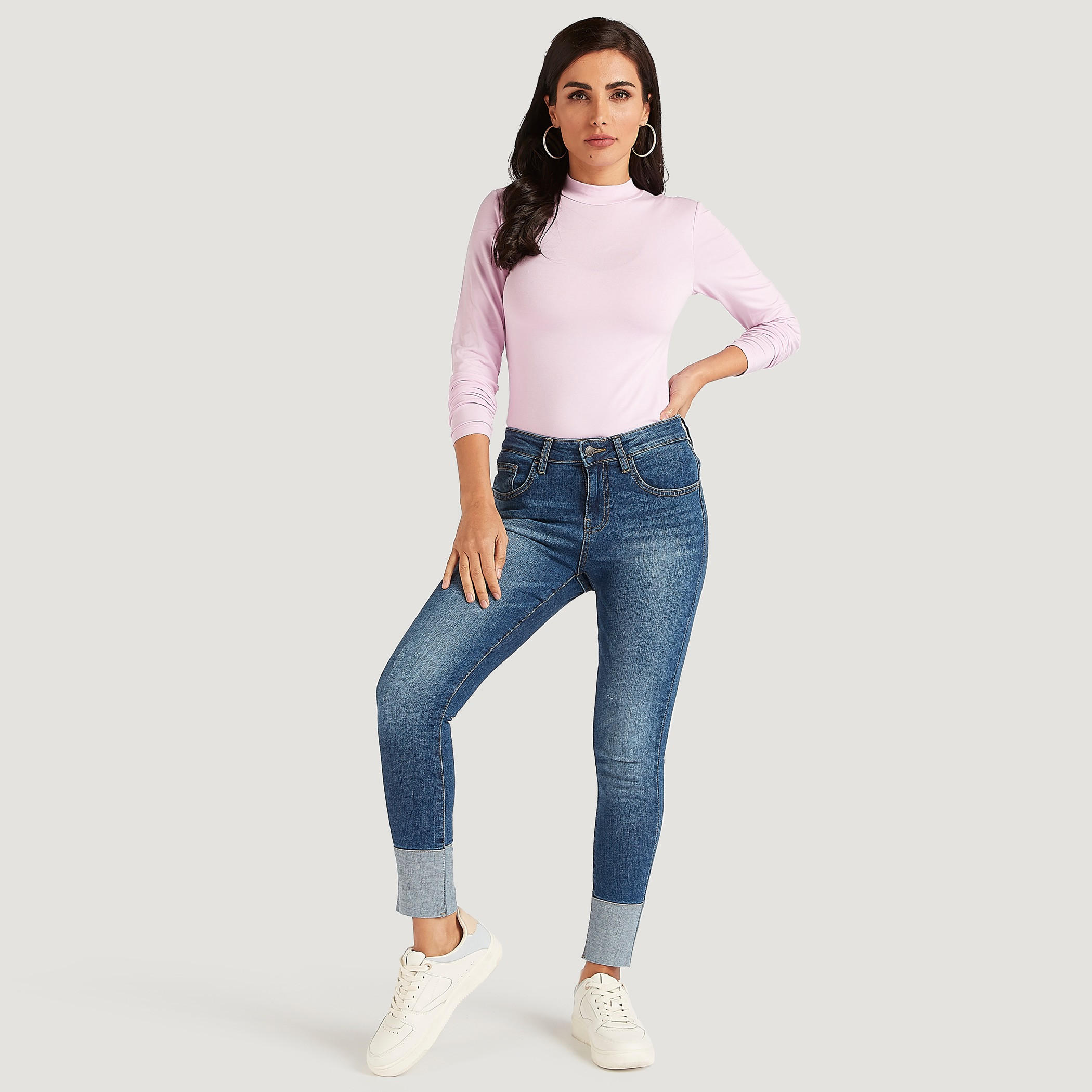 Solid T-shirt with Mock Neck and Long Sleeves-women-clothing-tshirts-image-2