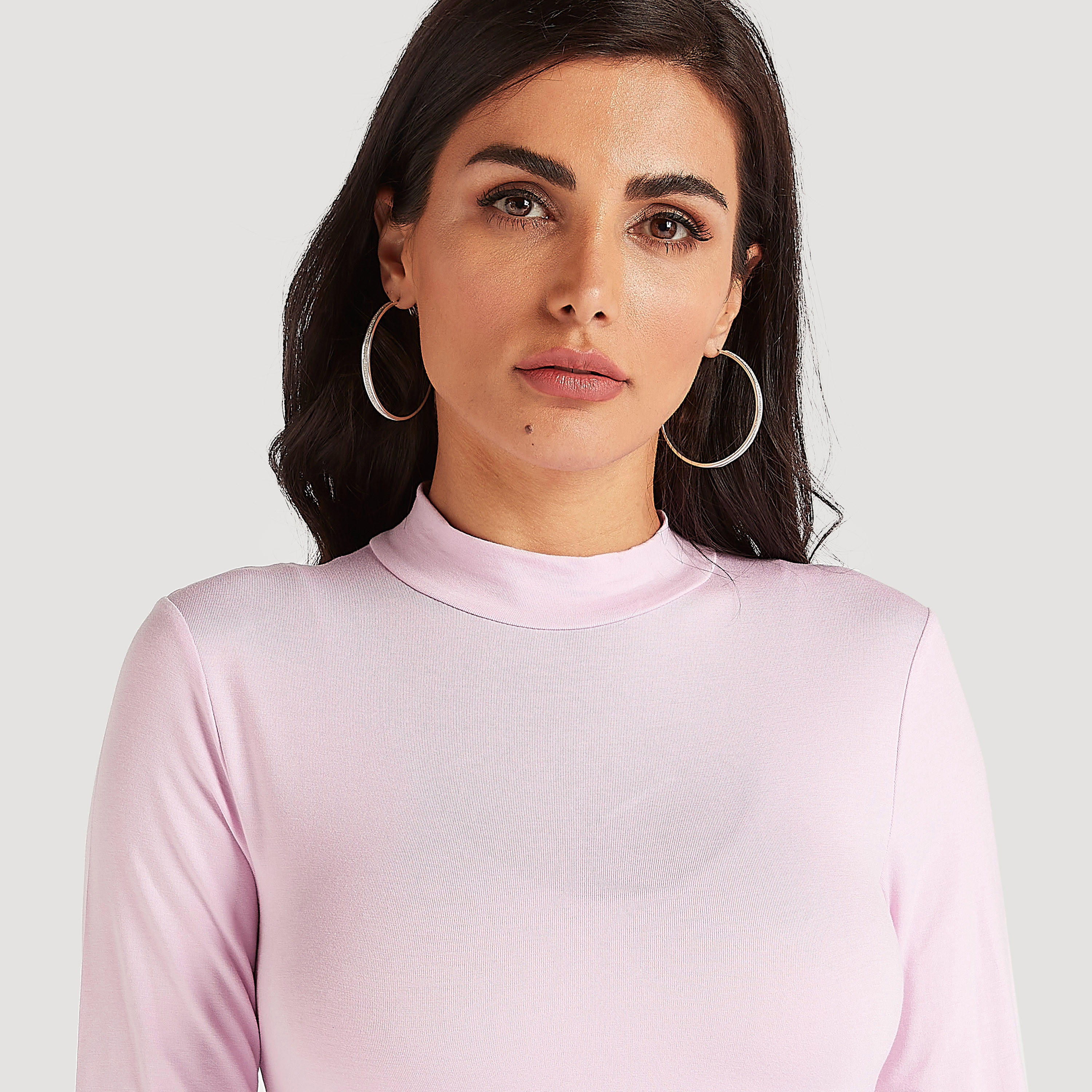 Solid T-shirt with Mock Neck and Long Sleeves-women-clothing-tshirts-image-3