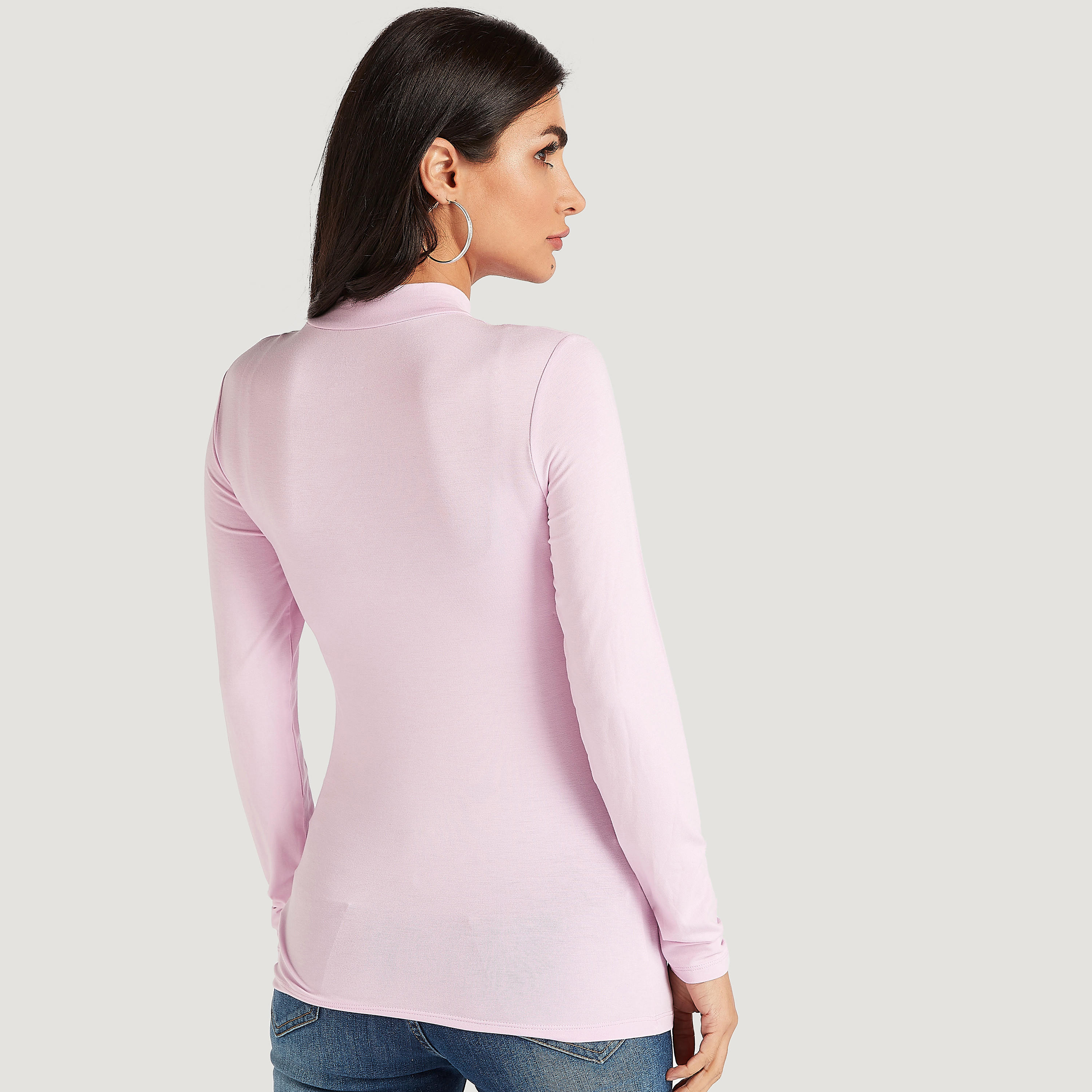 Solid T-shirt with Mock Neck and Long Sleeves-women-clothing-tshirts-image-4