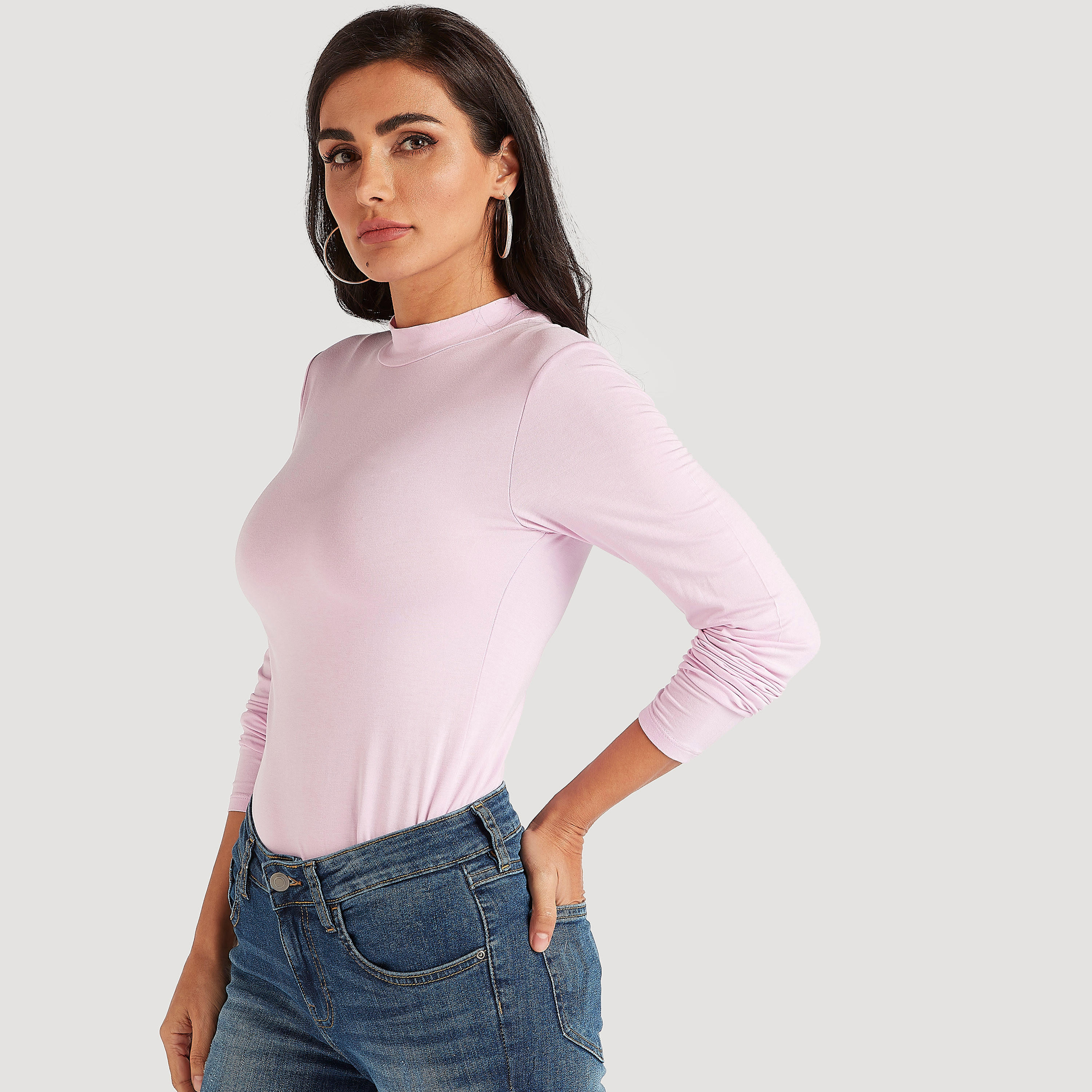 Solid T-shirt with Mock Neck and Long Sleeves-women-clothing-tshirts-image-5