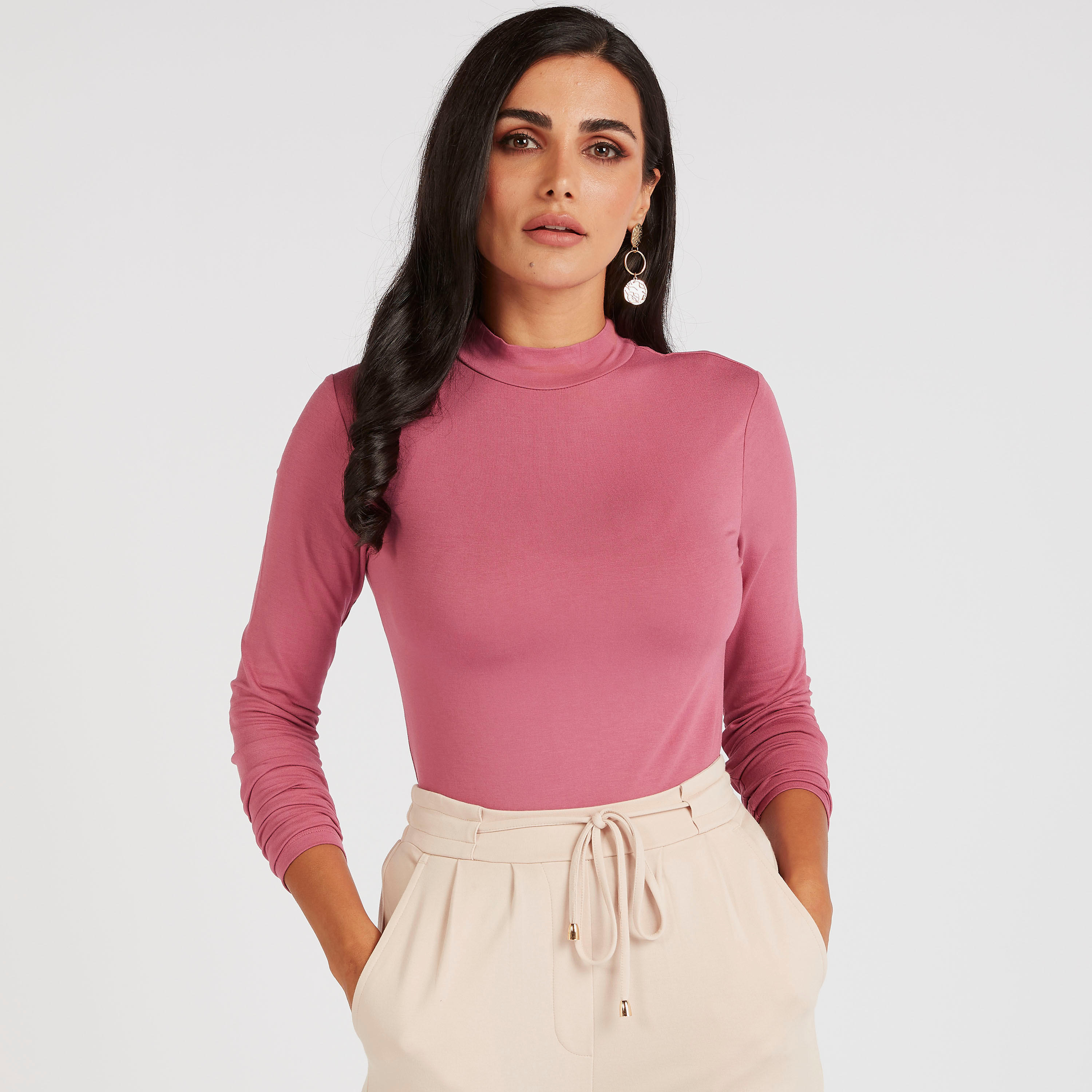 Solid T-shirt with Mock Neck and Long Sleeves-women-clothing-tshirts-image-1
