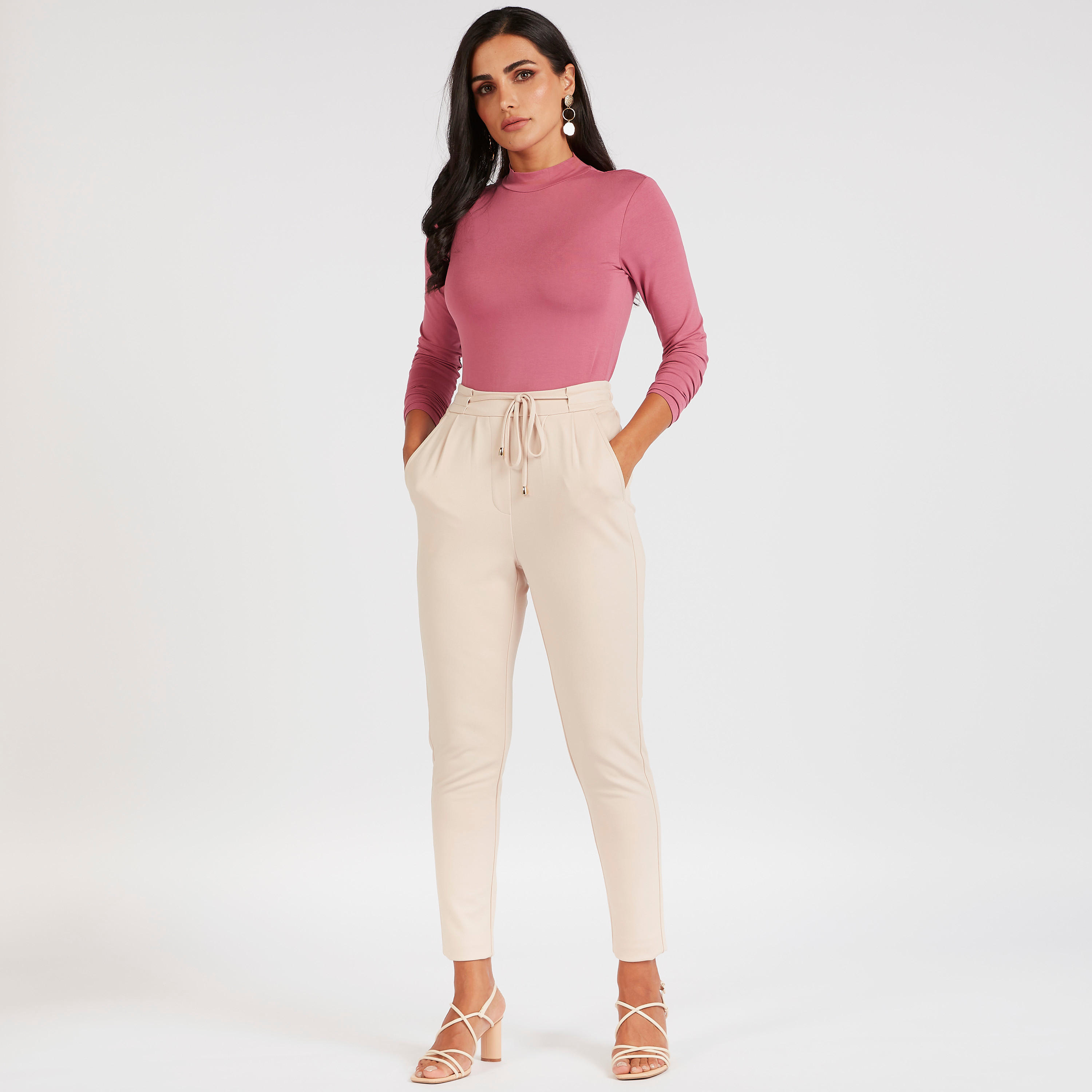 Solid T-shirt with Mock Neck and Long Sleeves-women-clothing-tshirts-image-2
