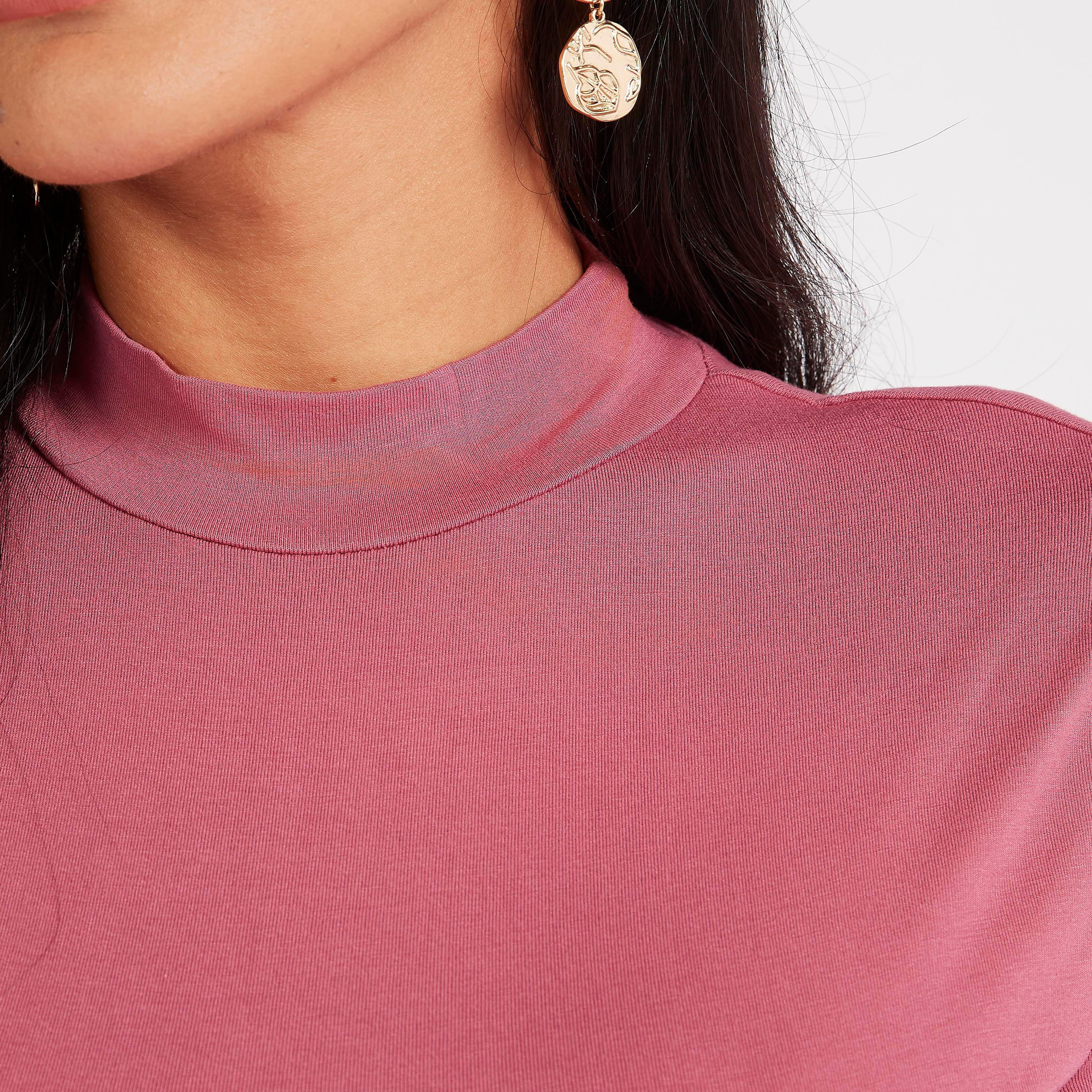 Solid T-shirt with Mock Neck and Long Sleeves-women-clothing-tshirts-image-3