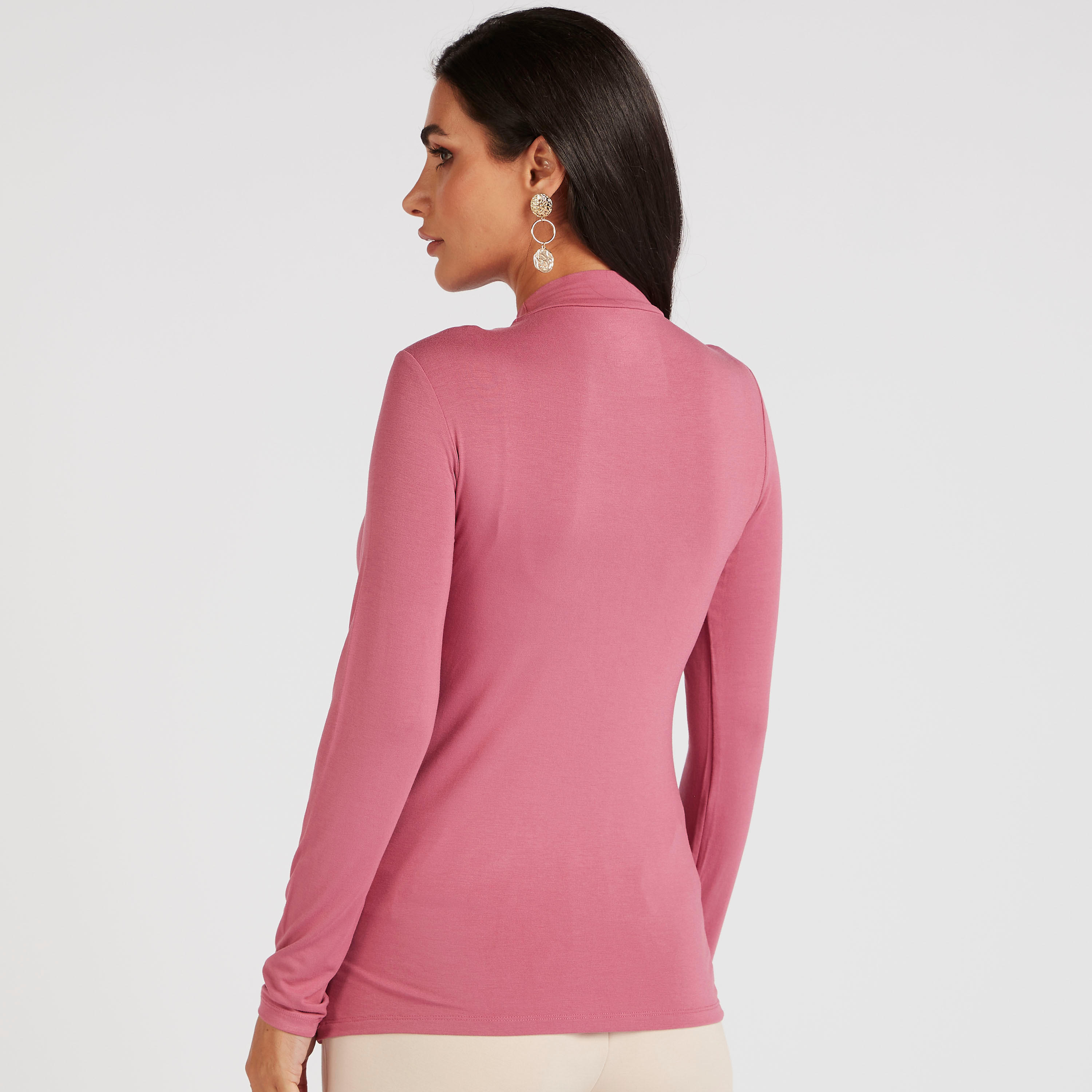 Solid T-shirt with Mock Neck and Long Sleeves-women-clothing-tshirts-image-4