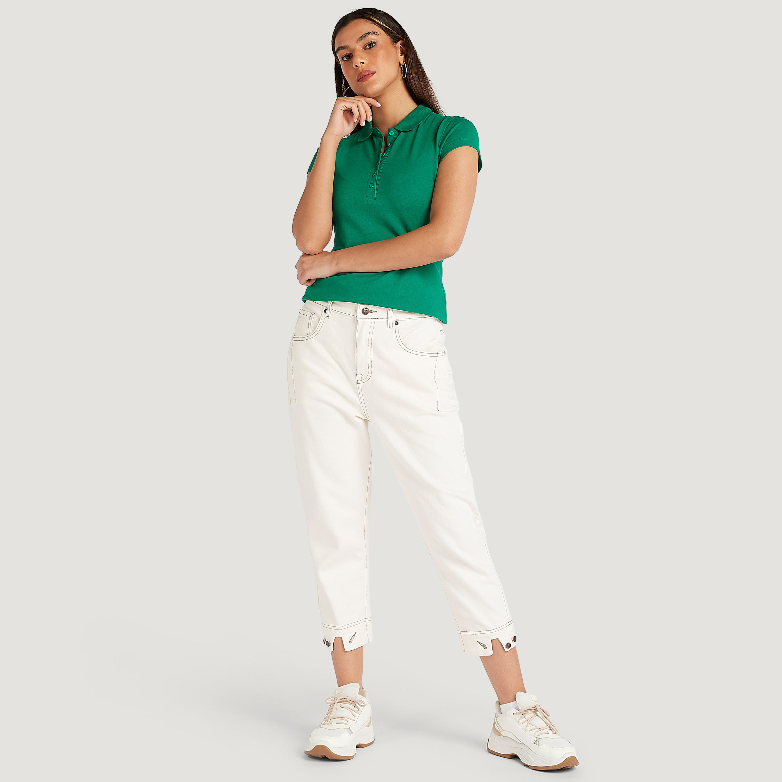 تيشيرت بولو سادة بياقة عادية وأكمام كاب-women-clothing-tshirts-image-4