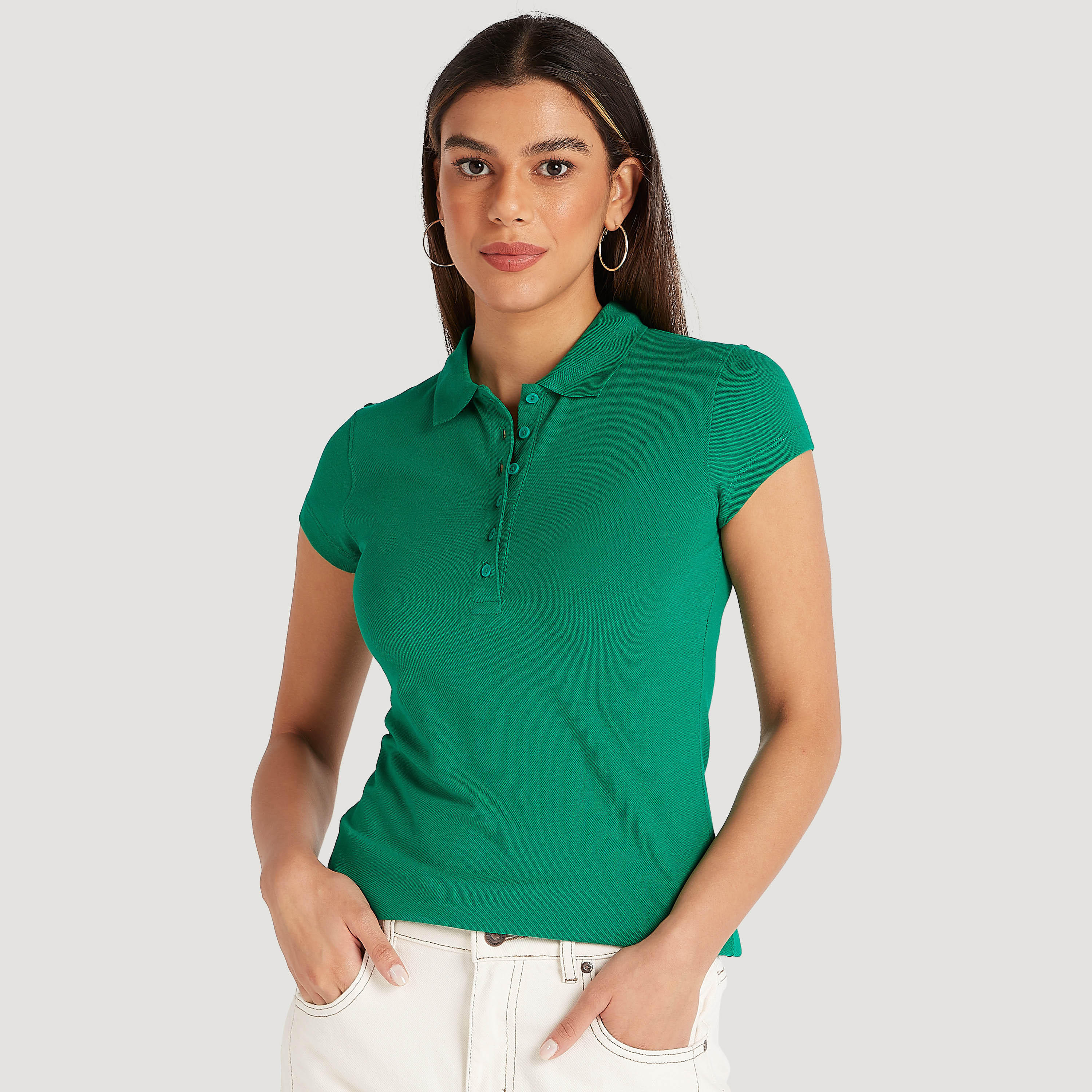 تيشيرت بولو سادة بياقة عادية وأكمام كاب-women-clothing-tshirts-image-1