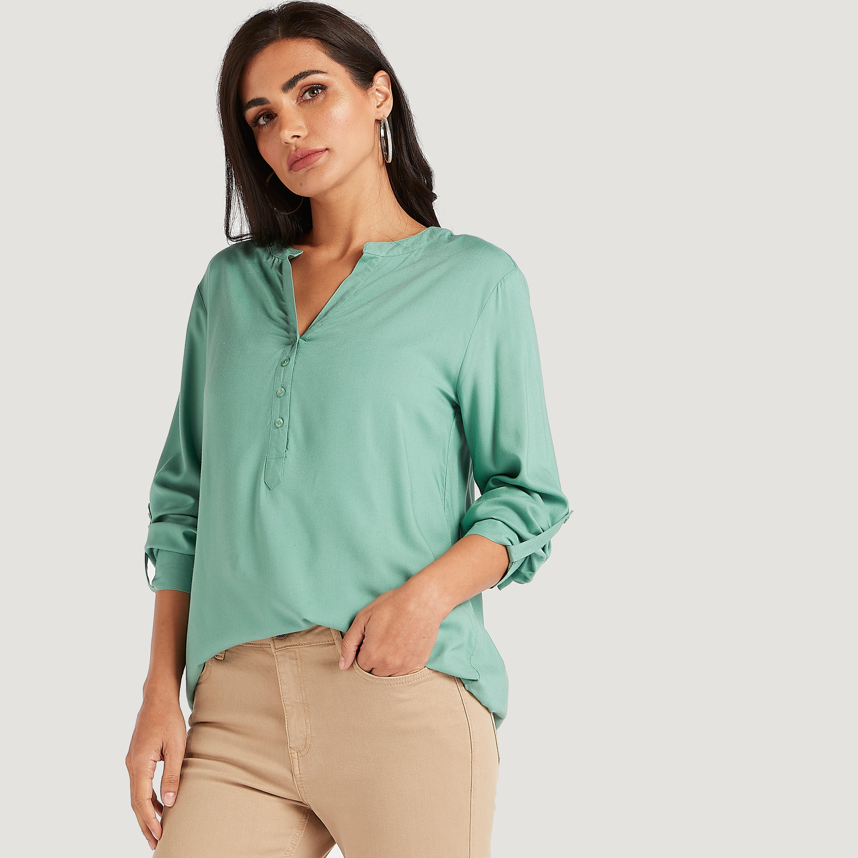 بلوزة سادة بياقة ماندرين وأكمام طويلة-women-clothing-shirtsandblouses-blouses-image-3