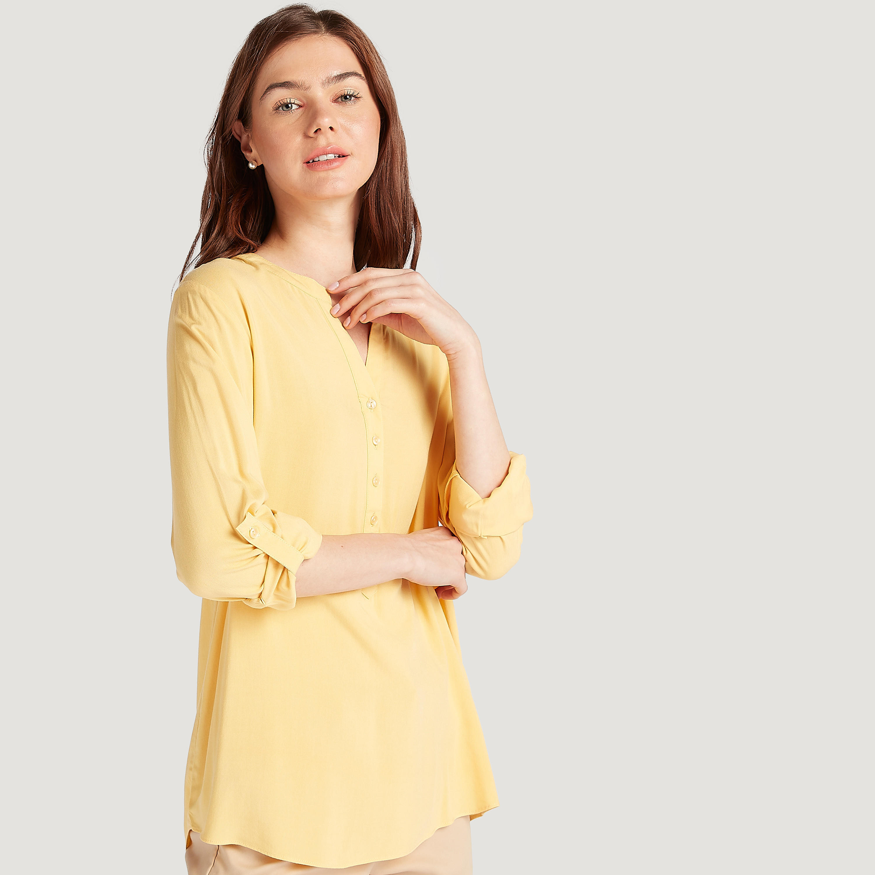 بلوزة سادة بأكمام طويلة وياقة ماندرين-women-clothing-shirtsandblouses-blouses-image-5