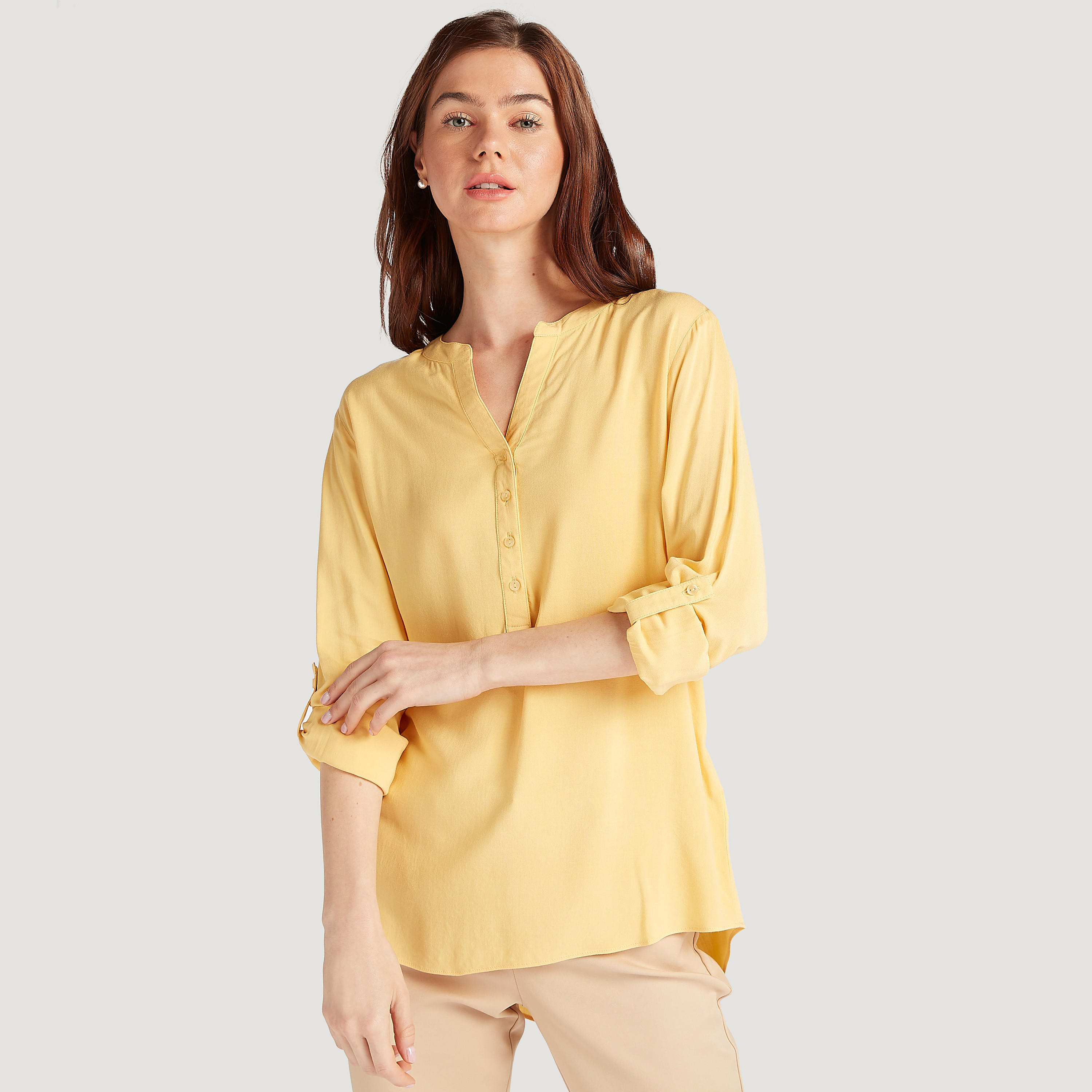 بلوزة سادة بأكمام طويلة وياقة ماندرين-women-clothing-shirtsandblouses-blouses-image-1