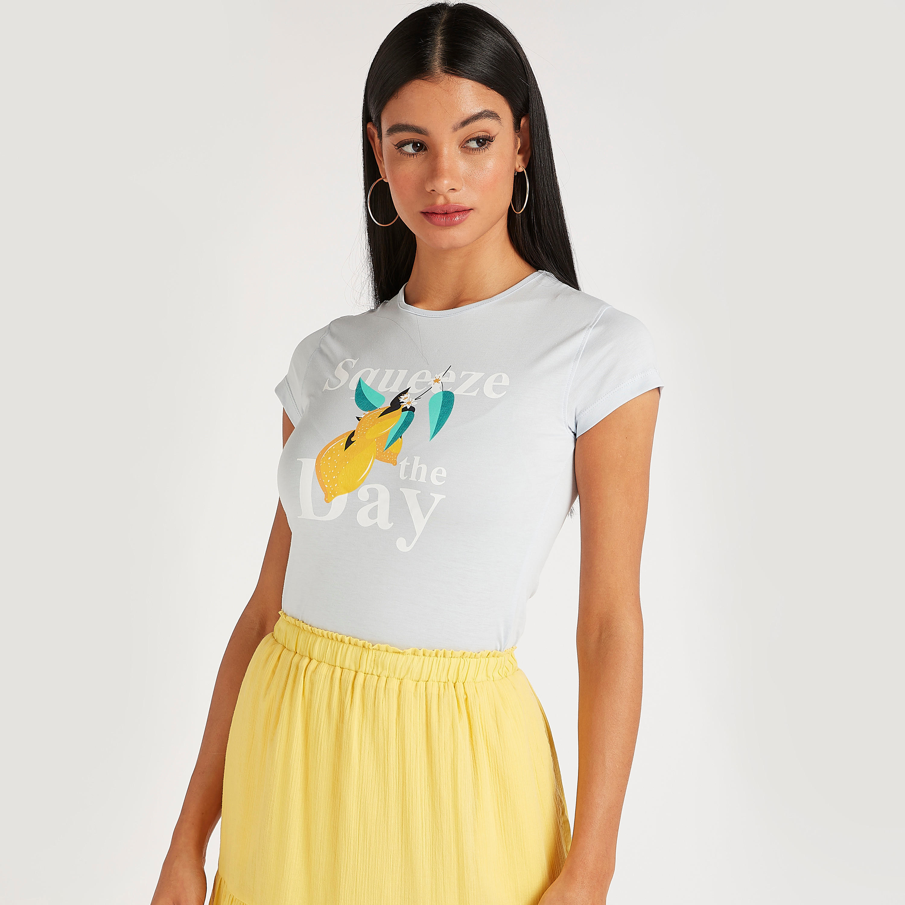 Printed T-shirt with Cap Sleeves and Crew Neck-women-clothing-tshirts-image-1