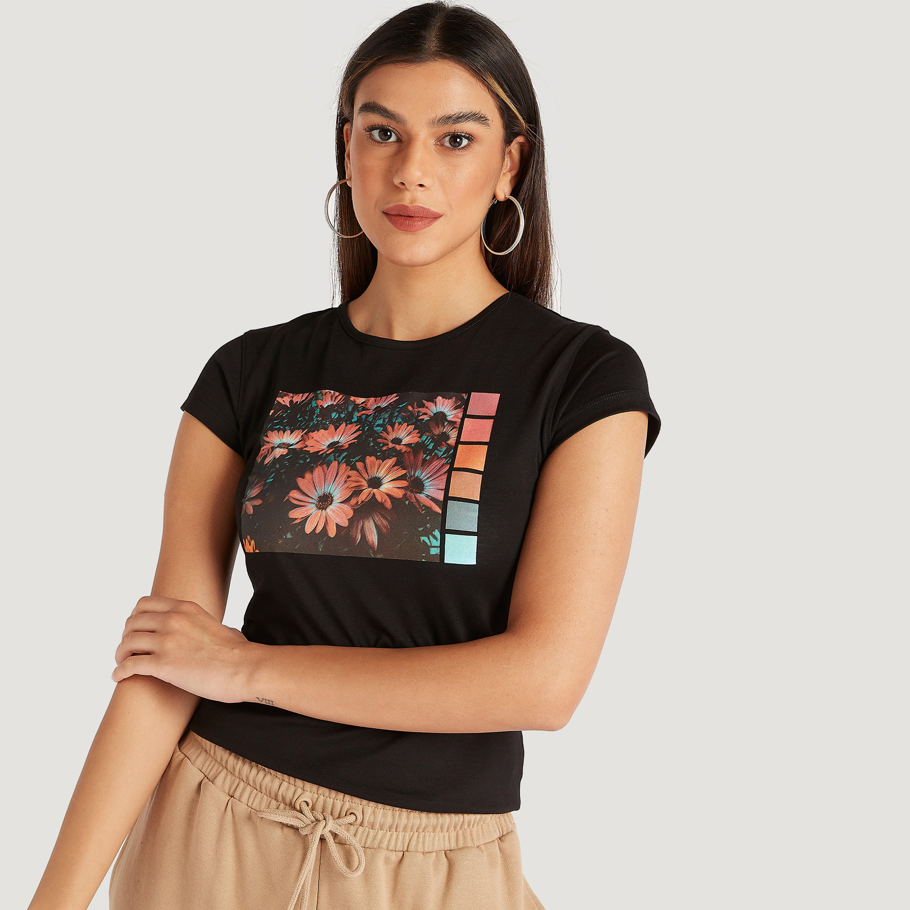 Printed Crew Neck T-shirt with Cap Sleeves-women-clothing-tshirts-image-1