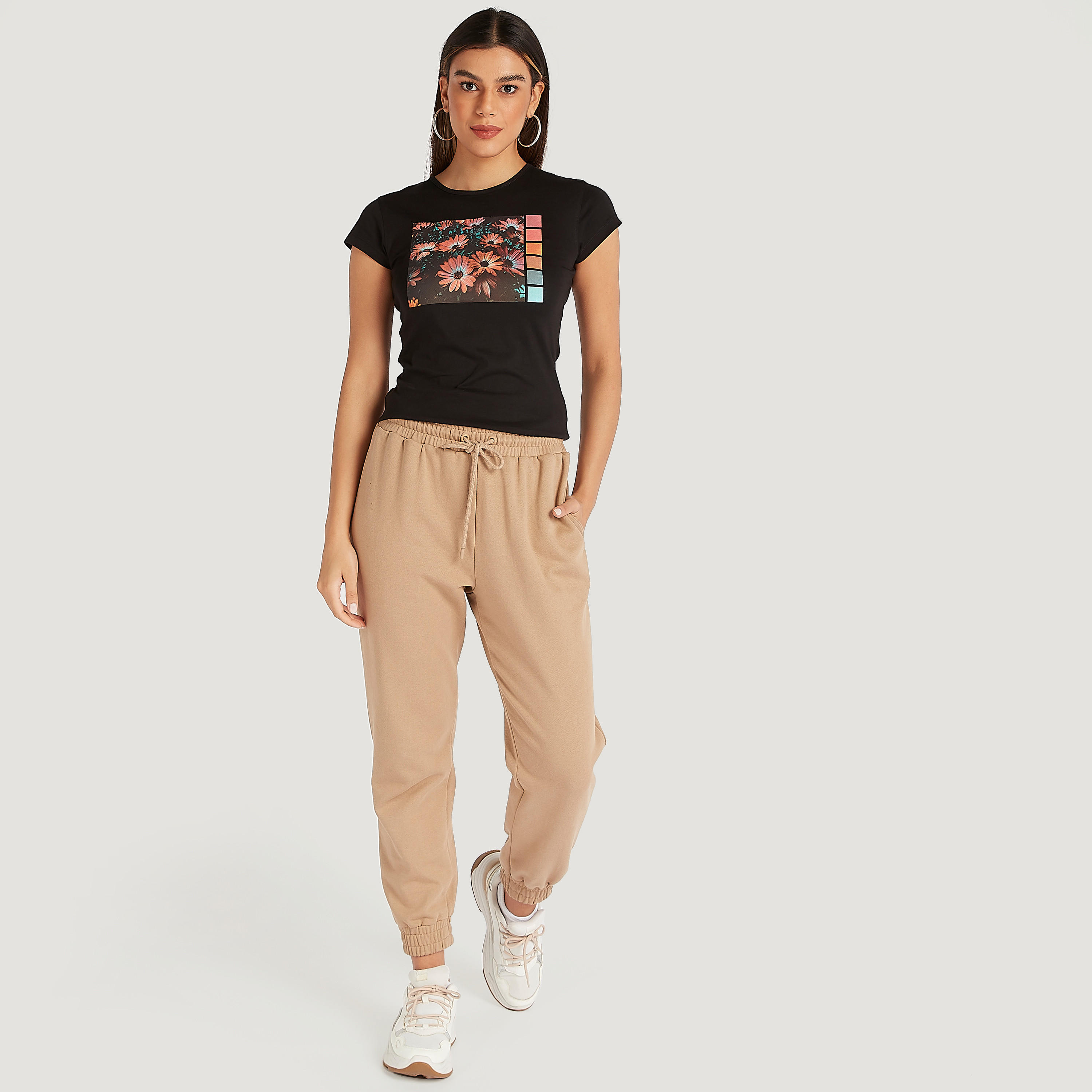 Printed Crew Neck T-shirt with Cap Sleeves-women-clothing-tshirts-image-2