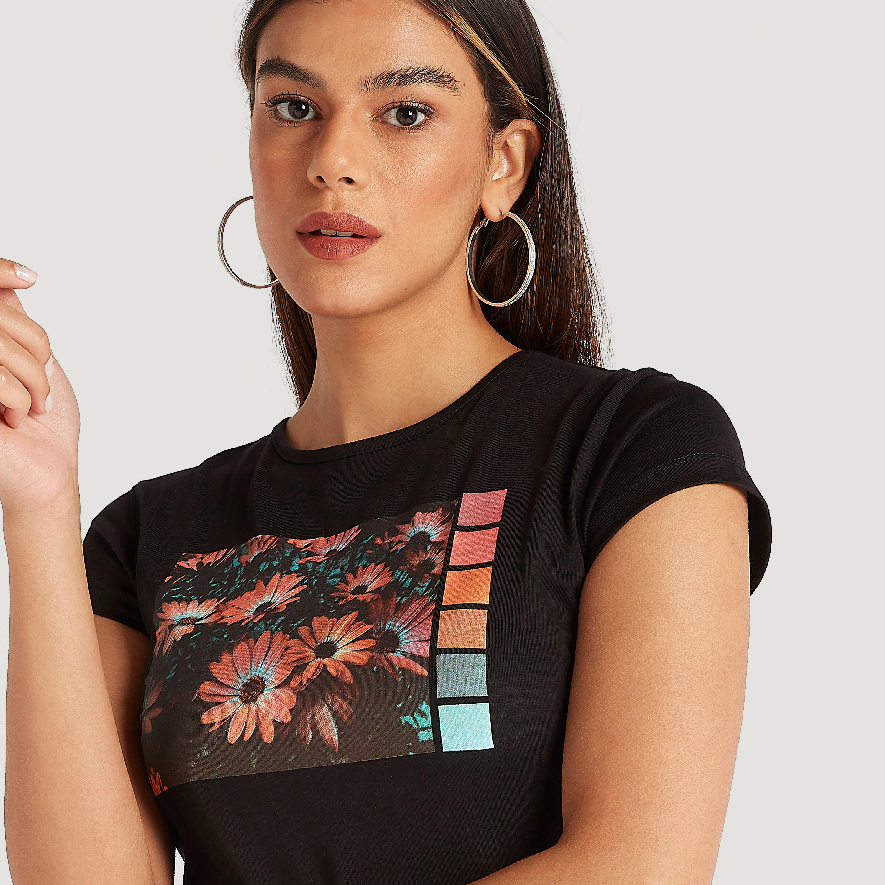 Printed Crew Neck T-shirt with Cap Sleeves-women-clothing-tshirts-image-3