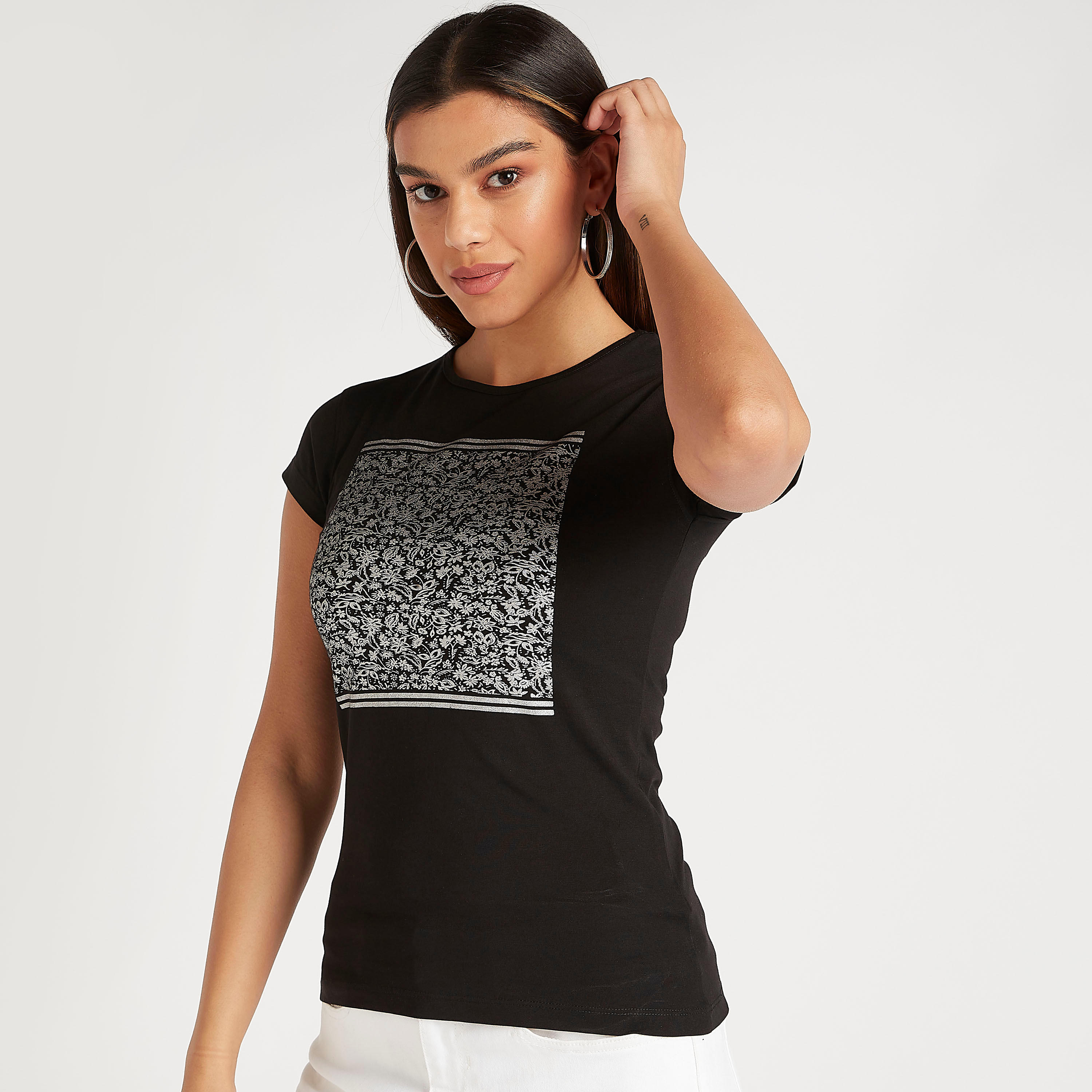 Printed T-shirt with Cap Sleeves and Crew Neck-women-clothing-tshirts-image-1