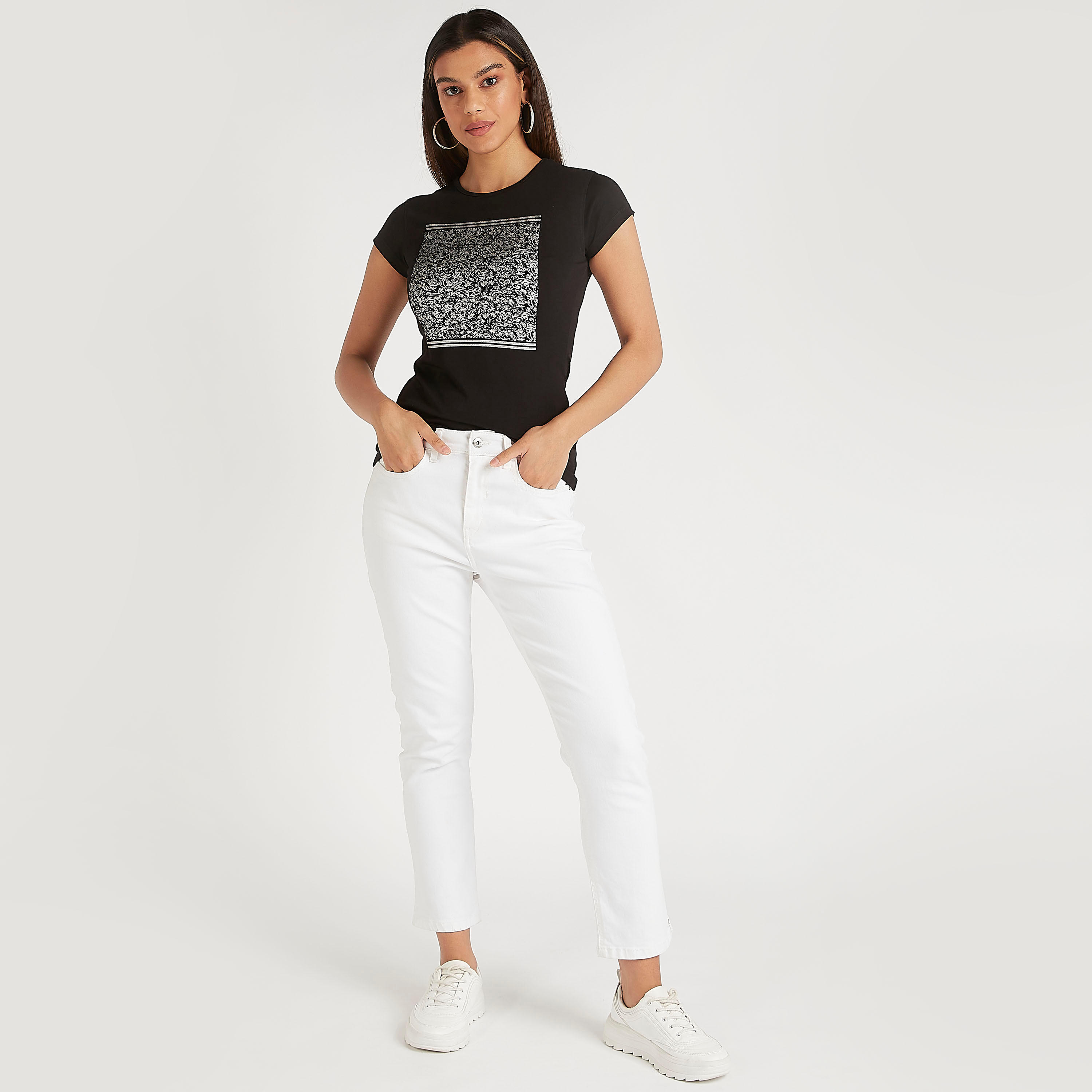 Printed T-shirt with Cap Sleeves and Crew Neck-women-clothing-tshirts-image-2