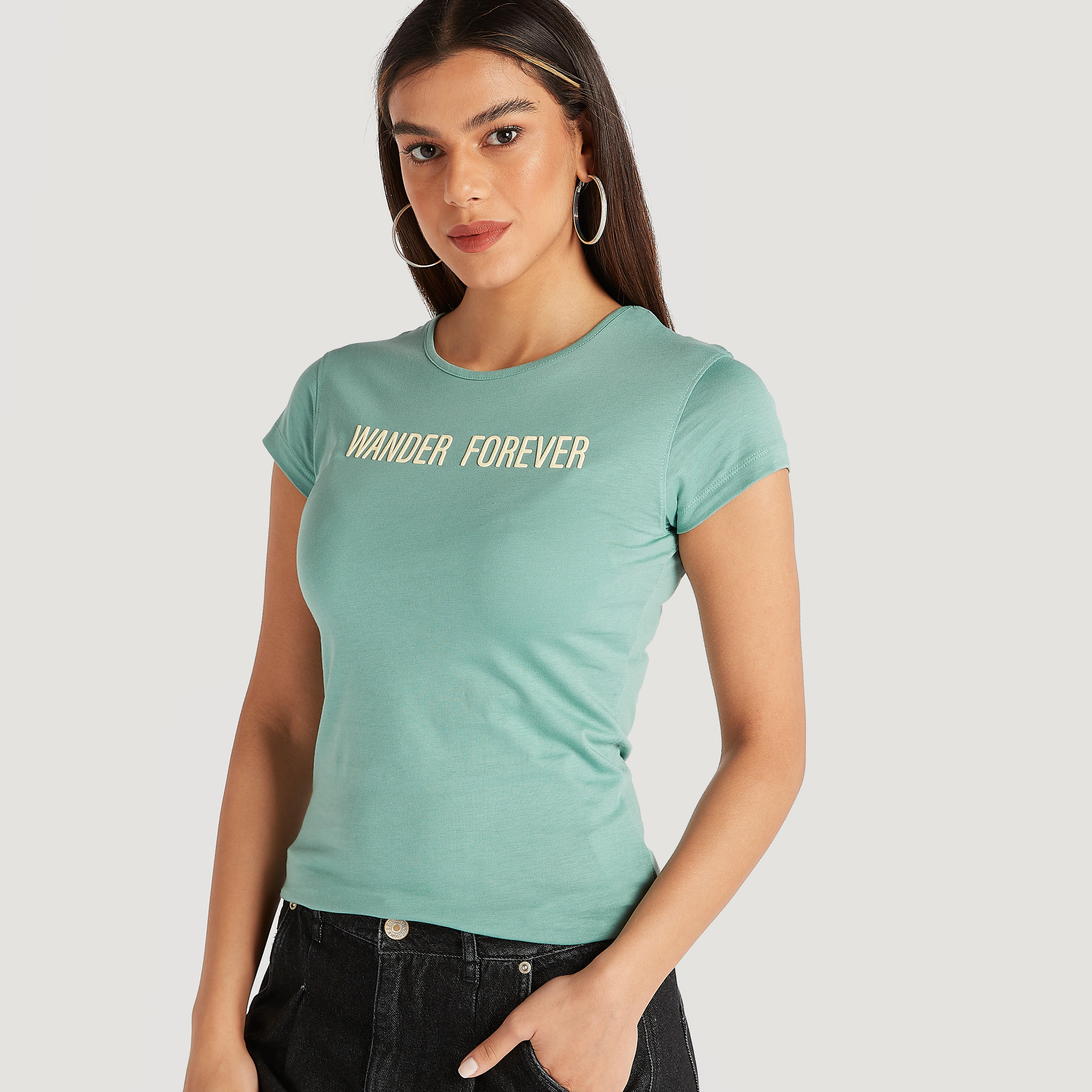 Printed Crew Neck T-shirt with Cap Sleeves-women-clothing-tshirts-image-1