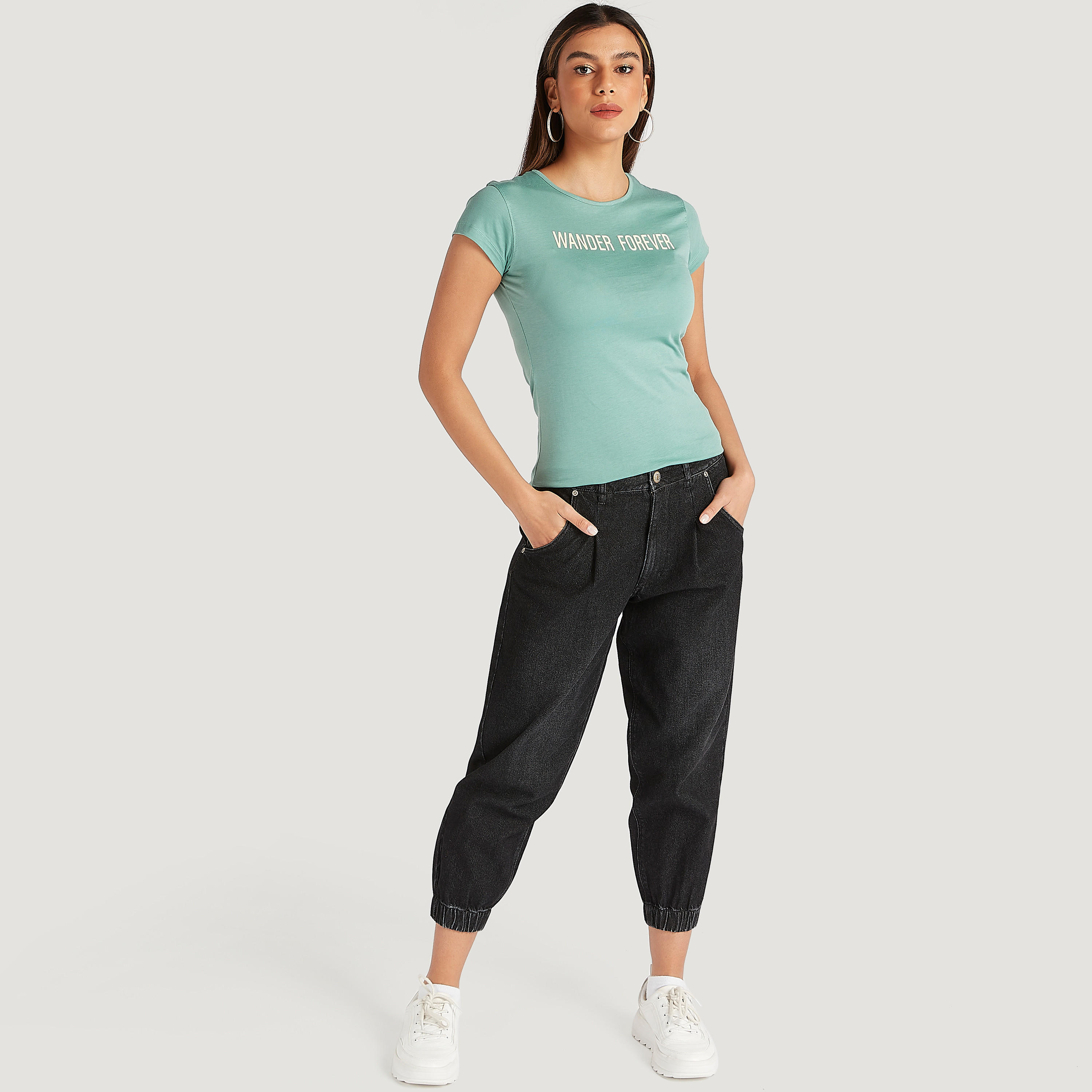 Printed Crew Neck T-shirt with Cap Sleeves-women-clothing-tshirts-image-2