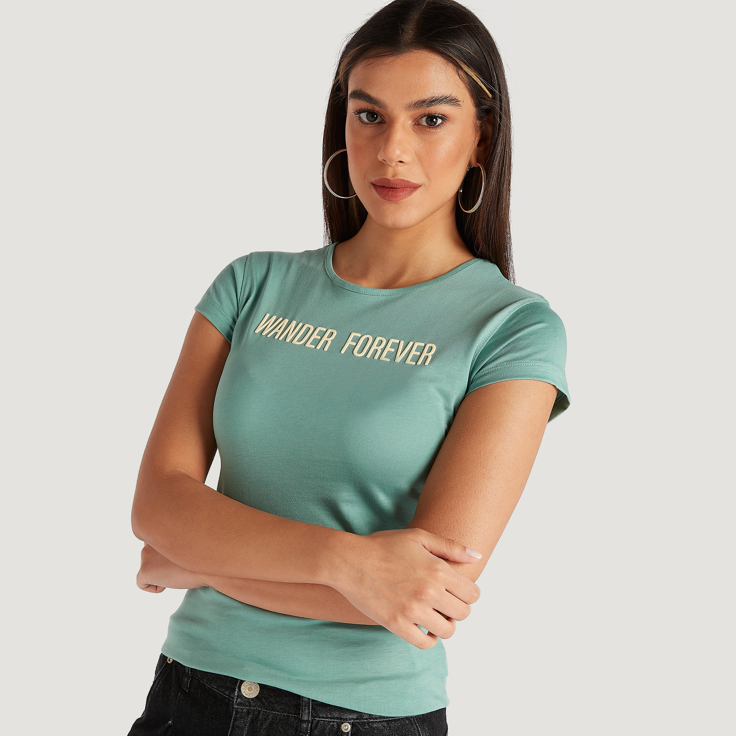Printed Crew Neck T-shirt with Cap Sleeves-women-clothing-tshirts-image-5