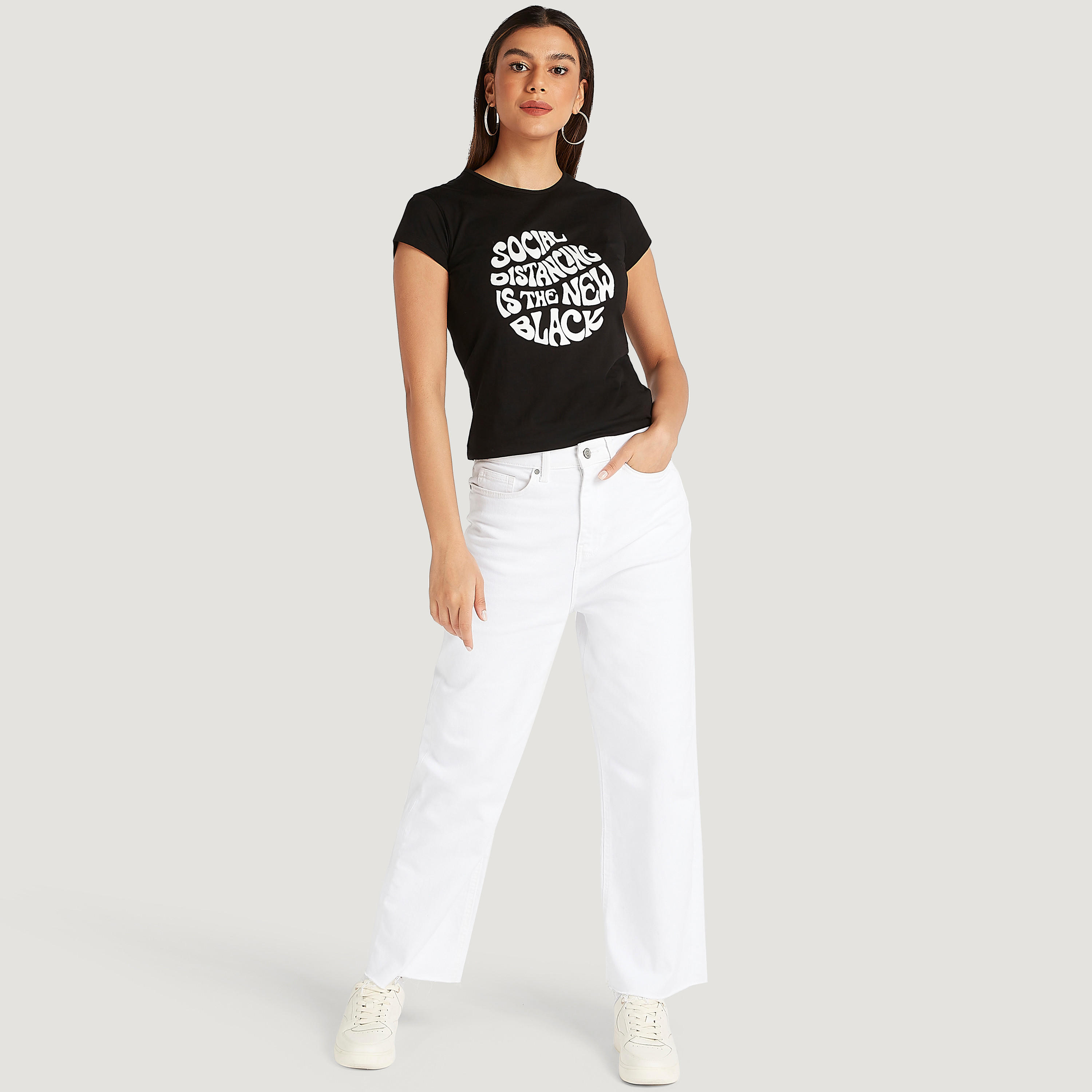 Printed Crew Neck T-shirt with Cap Sleeves-women-clothing-tshirts-image-2